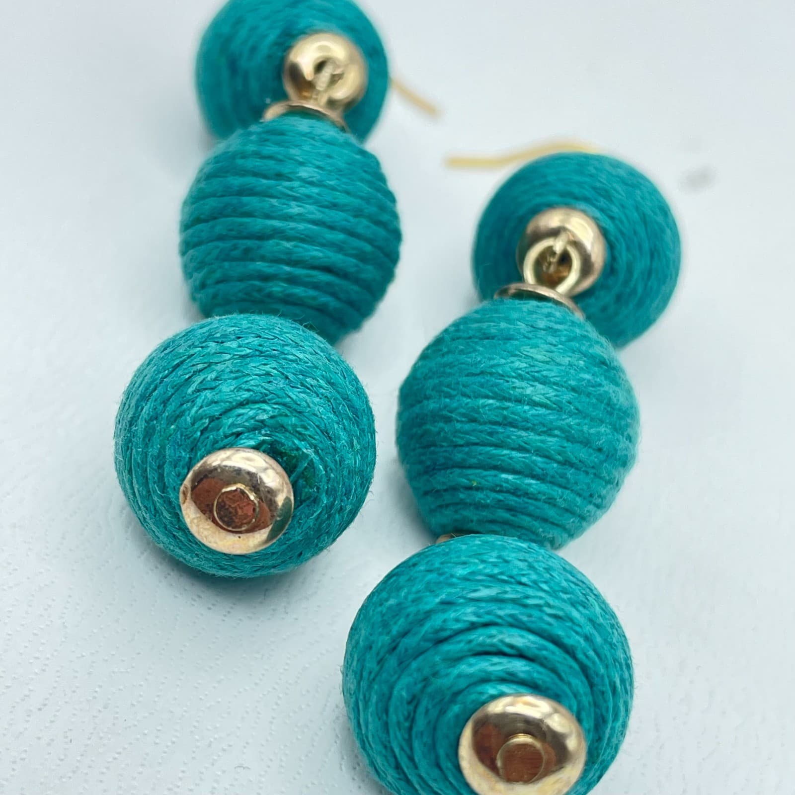 Vintage Y2K Boho Teal Thread Wrapped Ball Drop Earrings Gold-Tone Hooks Jewelry - Thumbnail 3