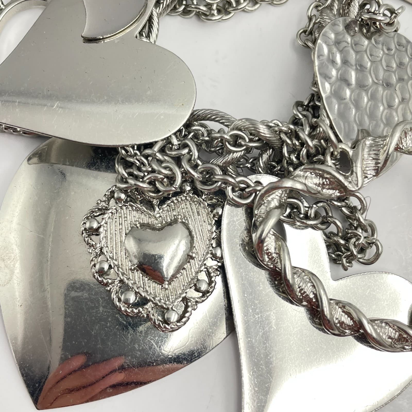 Vintage Y2K Silver Tone Multi Strand Heart Charm Bracelet Chunky Boho Jewelry - Thumbnail 6