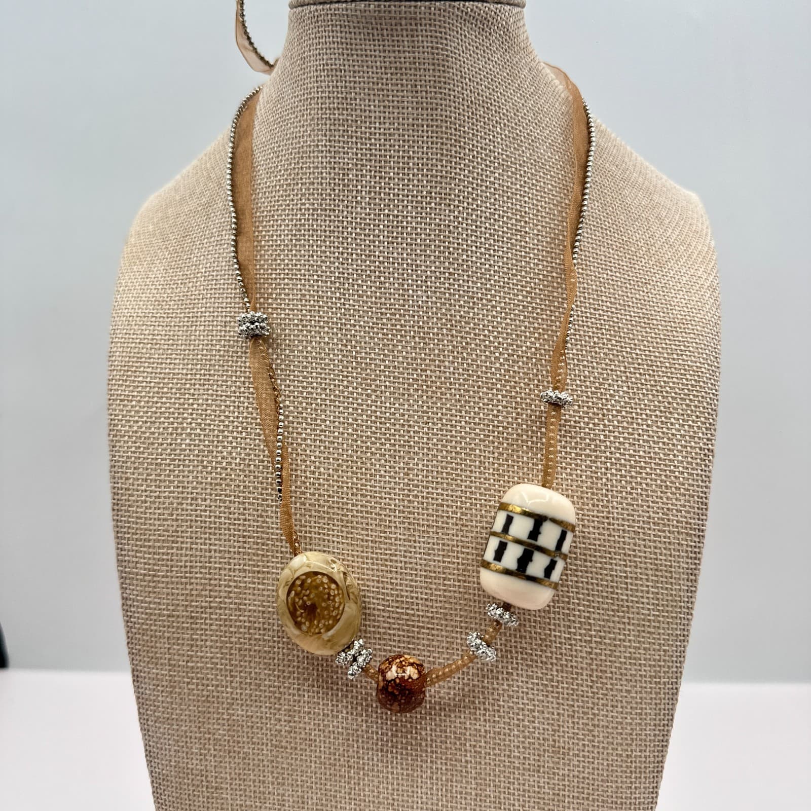 Vintage 90s Gold Tone Beaded Ribbon Choker Necklace Boho Women's Jewelry - Image 1