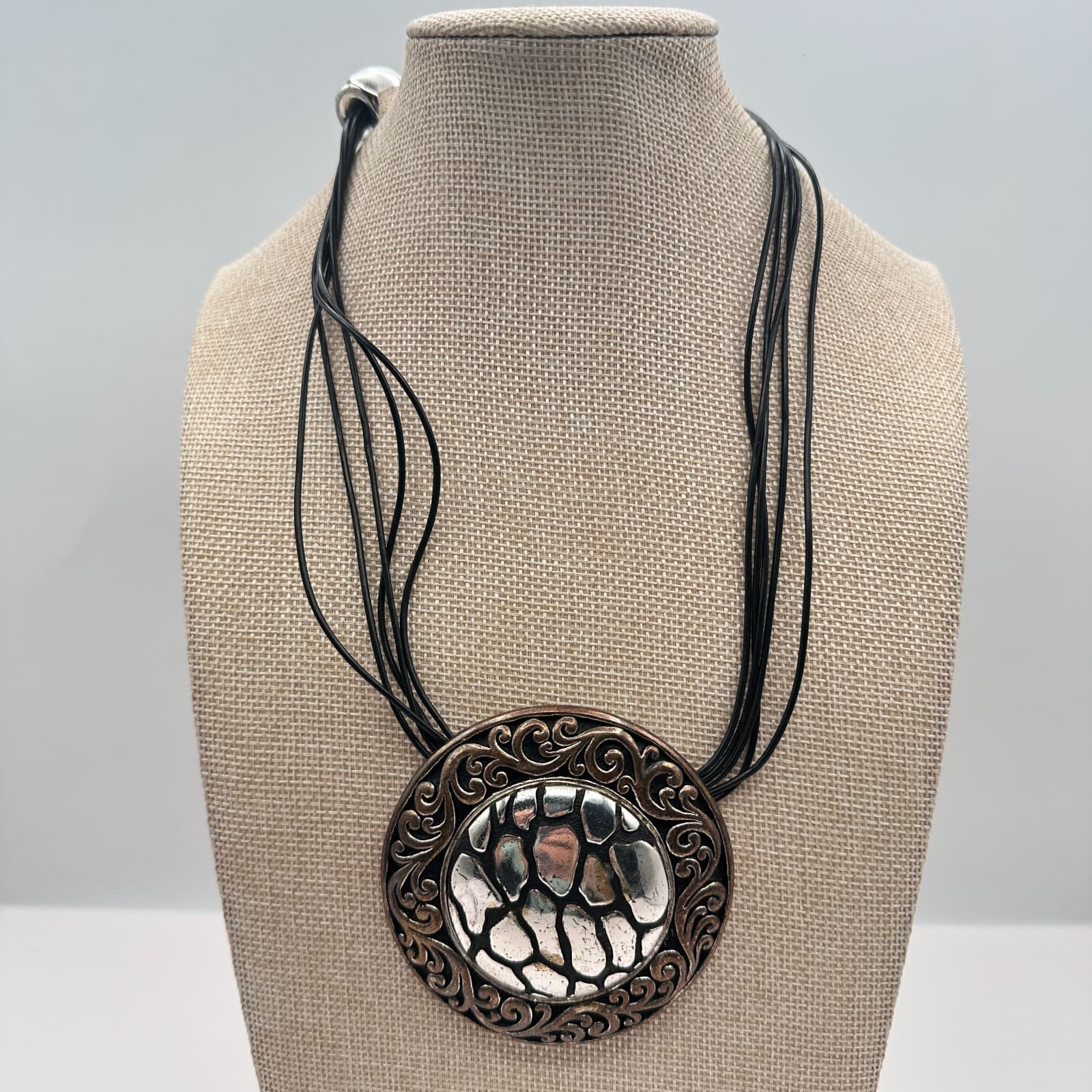 Vintage 80s Women Necklace Round Statement Pendant Multi Cord Silver Tone Black - Thumbnail 3