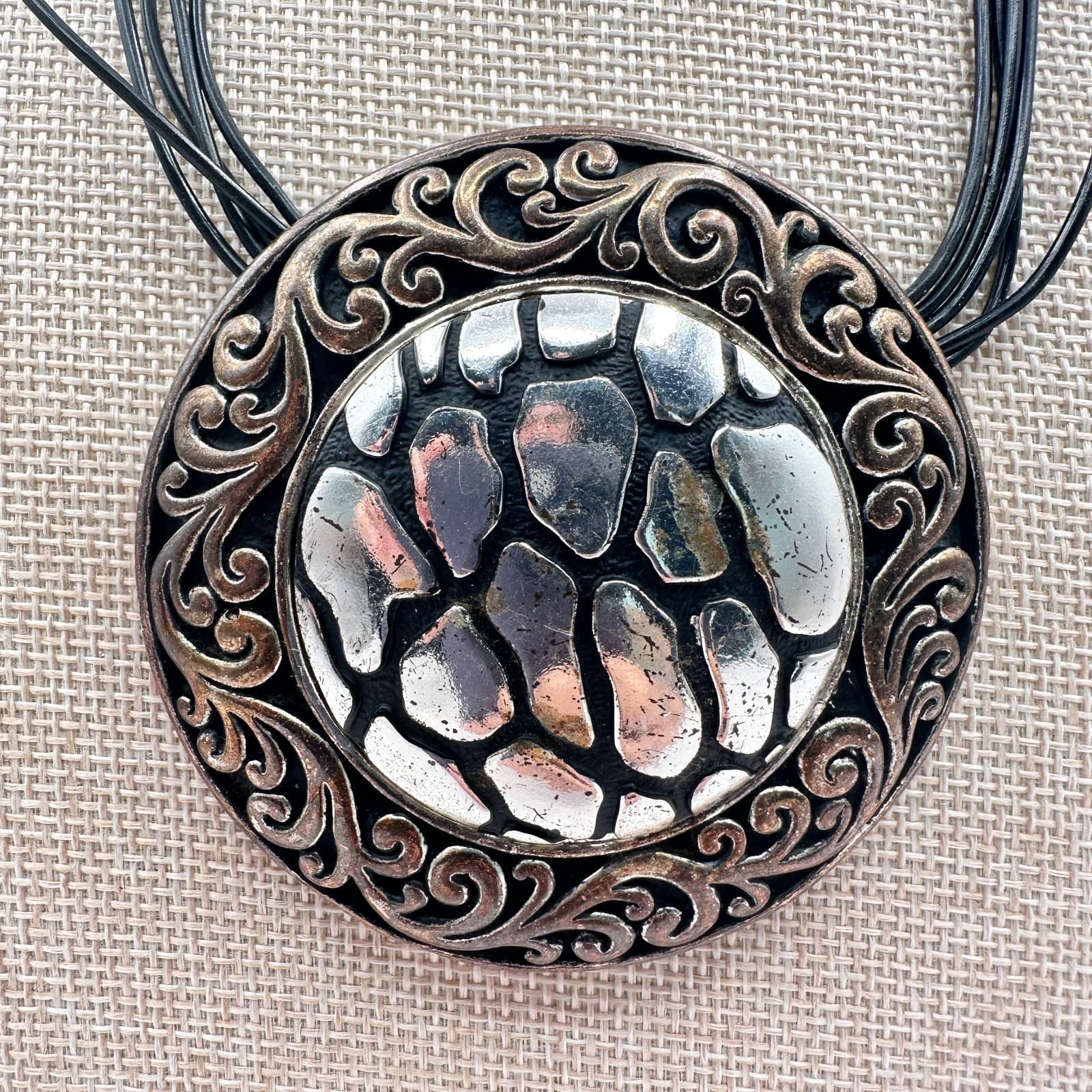 Vintage 80s Women Necklace Round Statement Pendant Multi Cord Silver Tone Black - Thumbnail 2