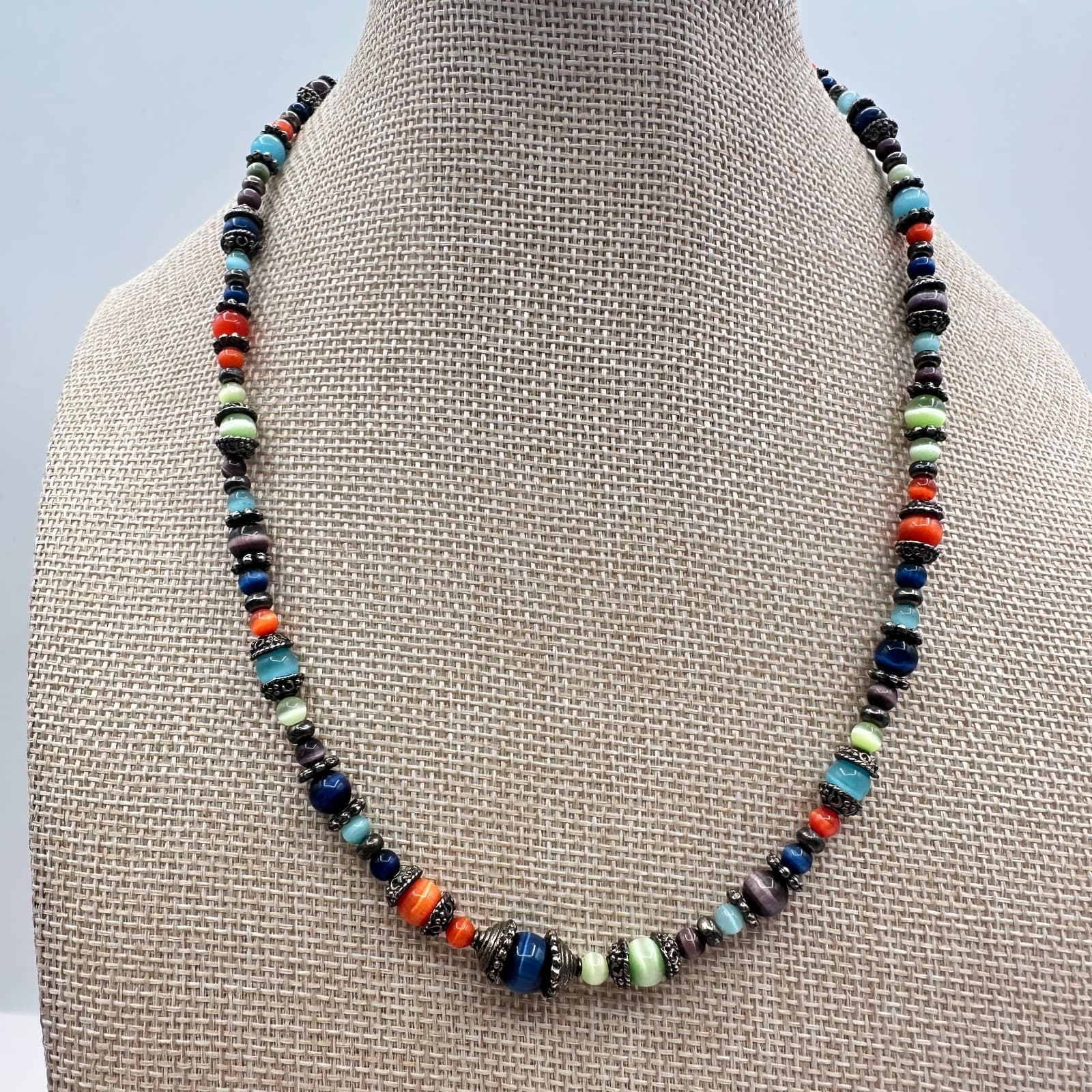 Vintage 80s Unisex Beaded Necklace Glass Cats Eye Bead Multi Color Silver Tone - Thumbnail 5