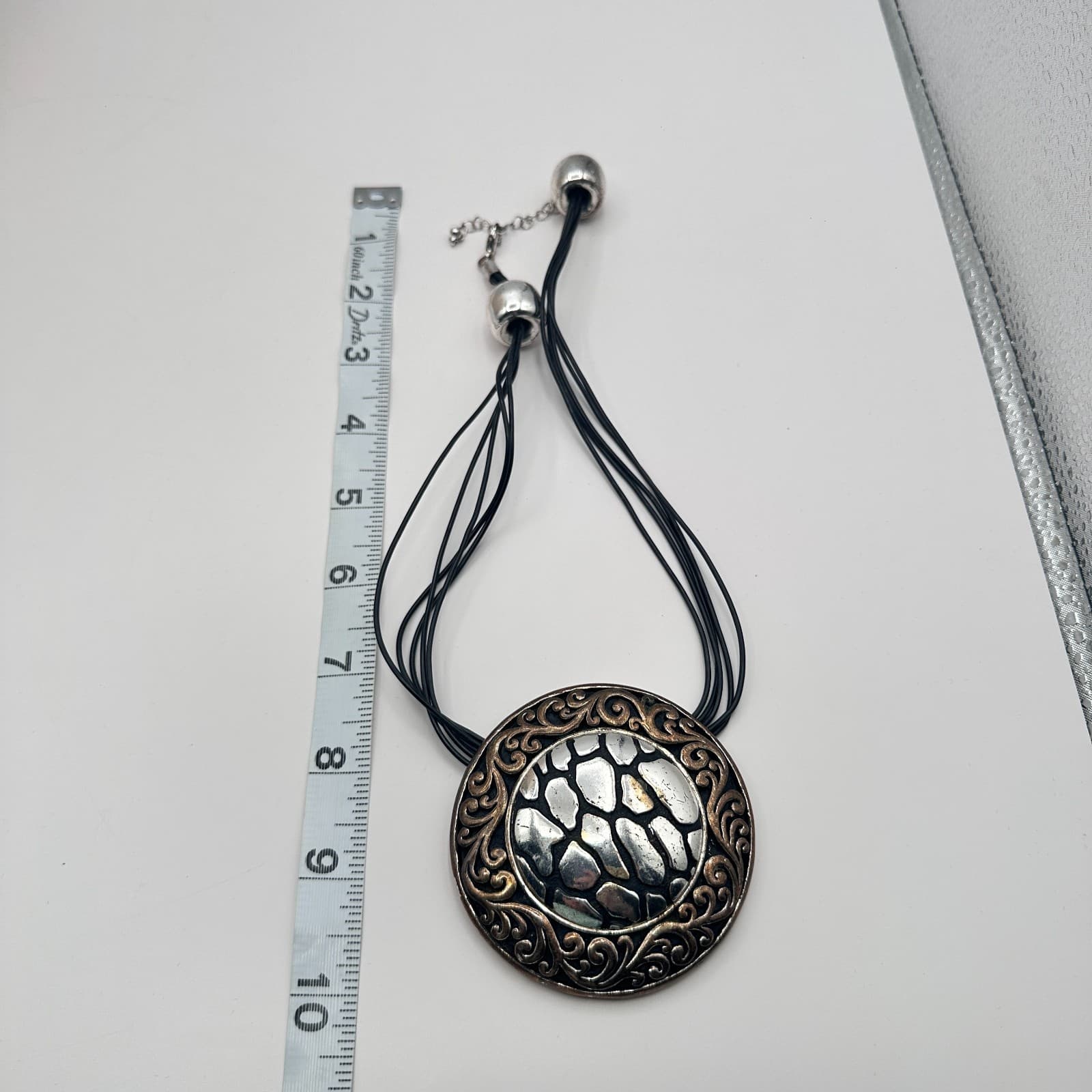 Vintage 80s Women Necklace Round Statement Pendant Multi Cord Silver Tone Black - Thumbnail 6