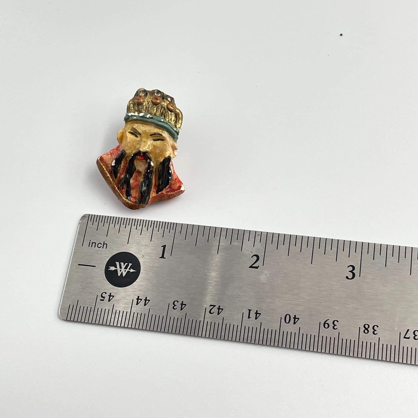 Vintage 90s Asian Wise Man Brooch Pin Hand Painted Rhinestone Gold Tone Boho - Thumbnail 8