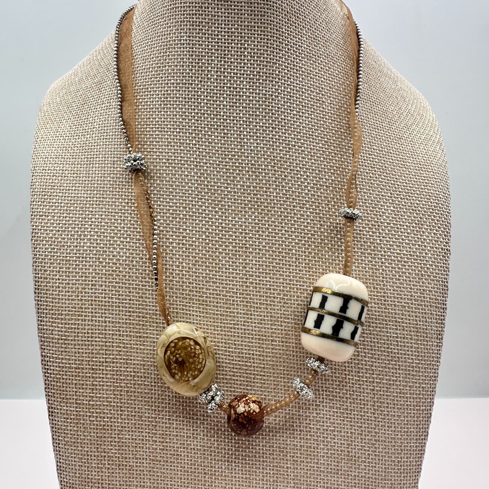 Vintage 90s Gold Tone Beaded Ribbon Choker Necklace Boho Women's Jewelry - Thumbnail 2