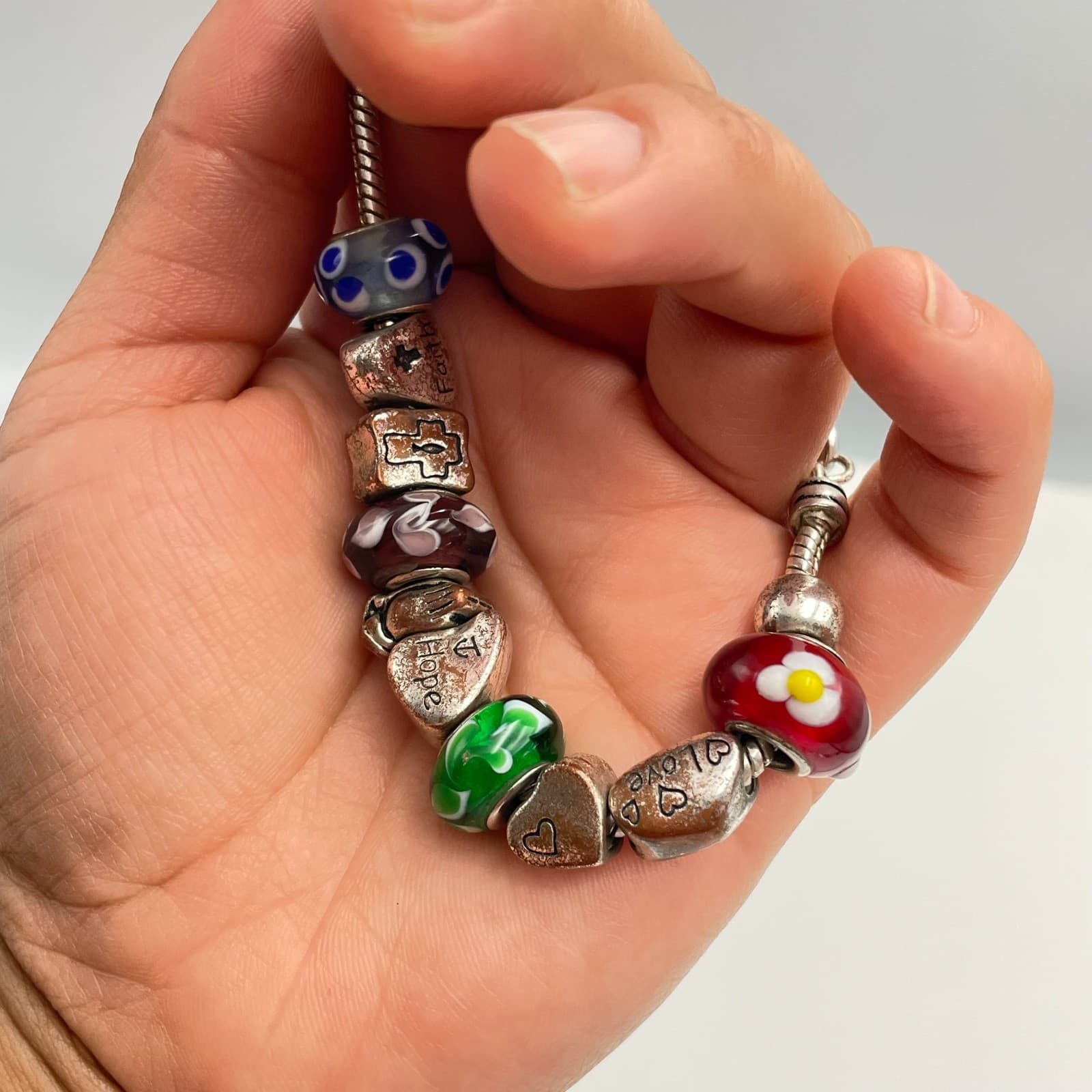 Vintage Y2K Silver Charm Bracelet Beaded Faith Hope Love Religious Jewelry - Thumbnail 10