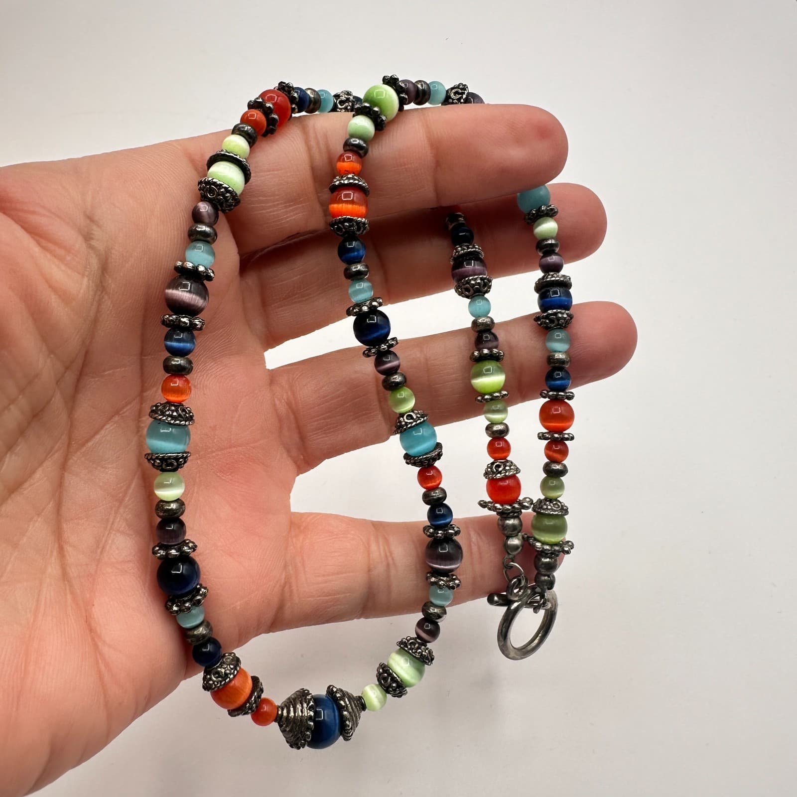 Vintage 80s Unisex Beaded Necklace Glass Cats Eye Bead Multi Color Silver Tone - Thumbnail 7