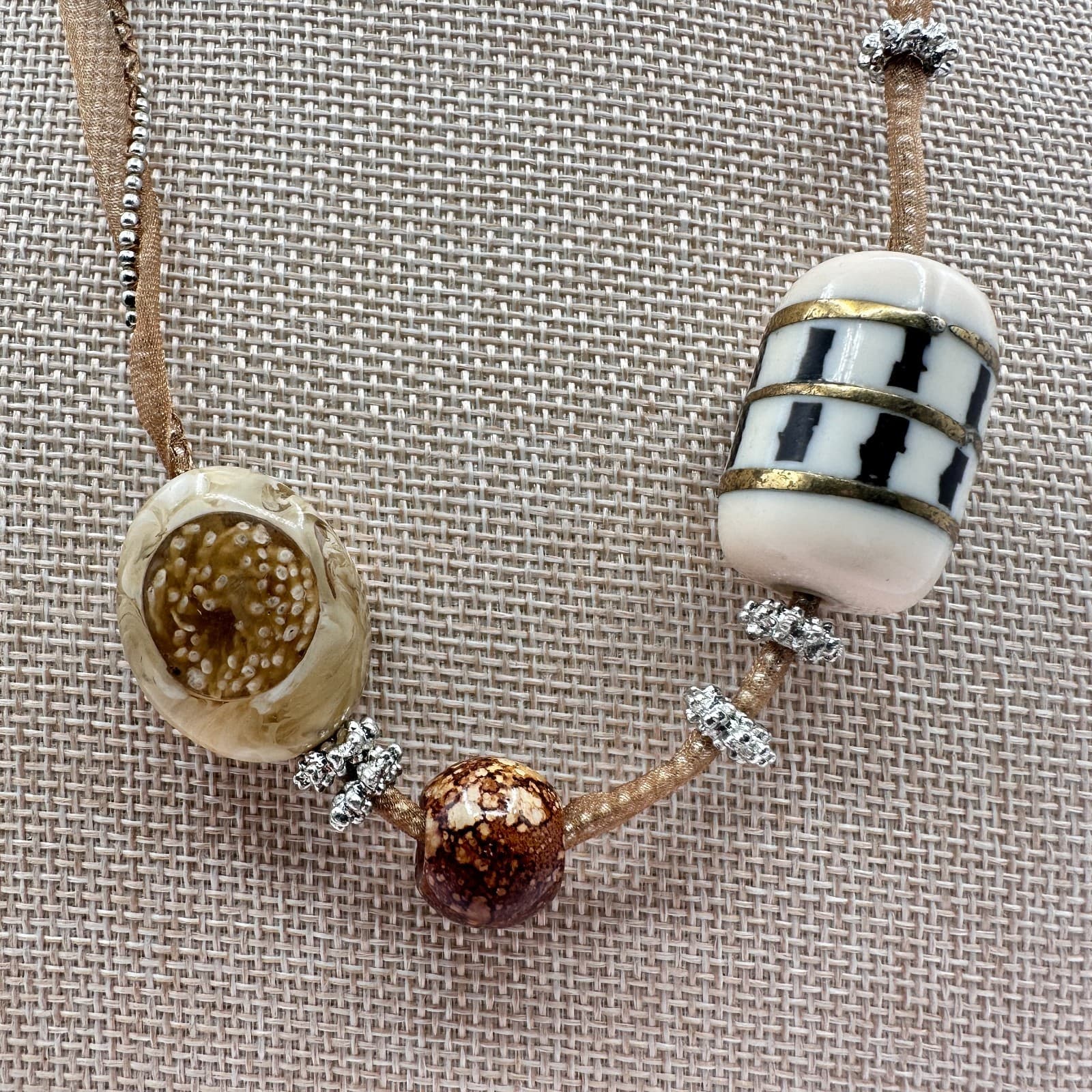 Vintage 90s Gold Tone Beaded Ribbon Choker Necklace Boho Women's Jewelry - Thumbnail 3