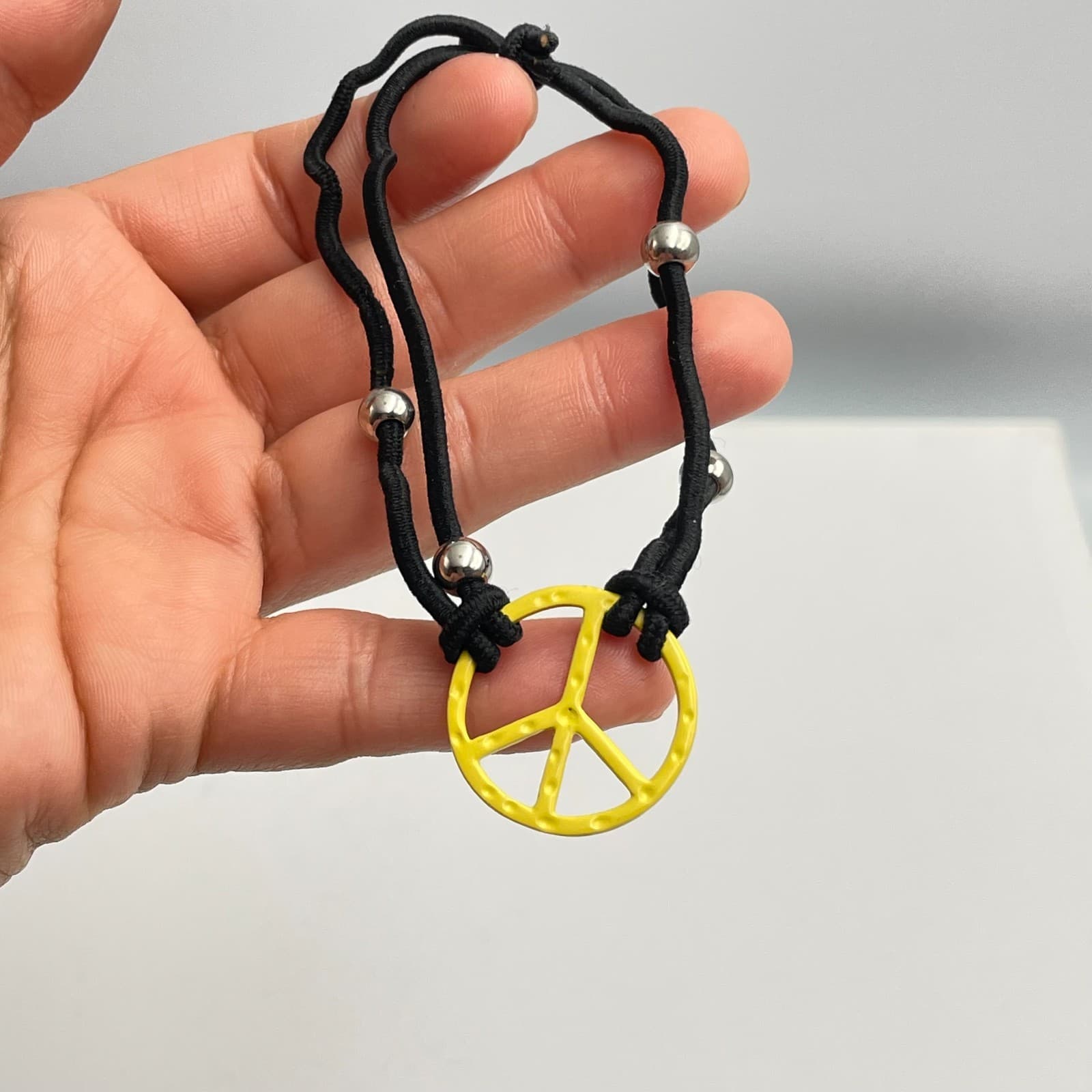 Vintage Y2K Silver Tone Beaded Yellow Charm Peace Sign Bracelet Black Cord - Thumbnail 7