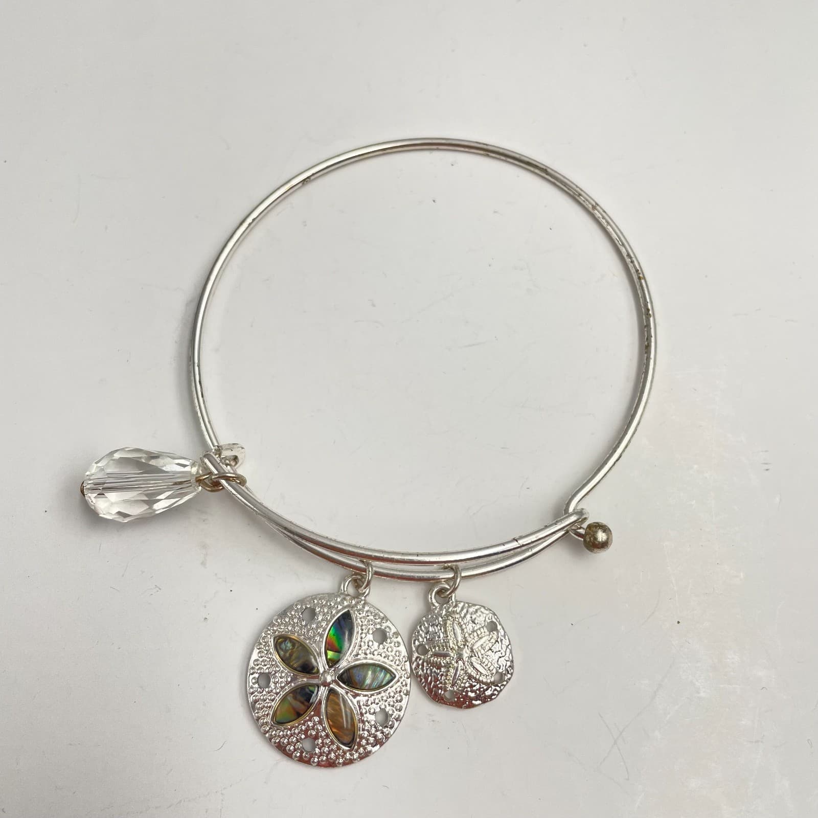 Vintage 90s Silver Tone Sand Dollar Bangle Bracelet Glass Charm Inlay Beach Boho - Image 1