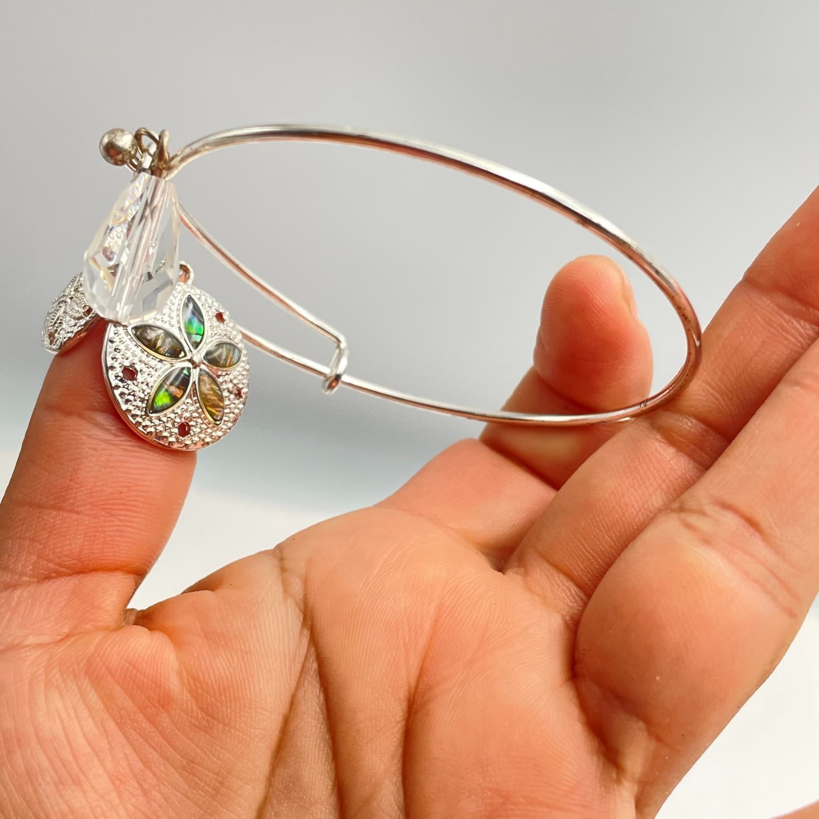 Vintage 90s Silver Tone Sand Dollar Bangle Bracelet Glass Charm Inlay Beach Boho - Thumbnail 10