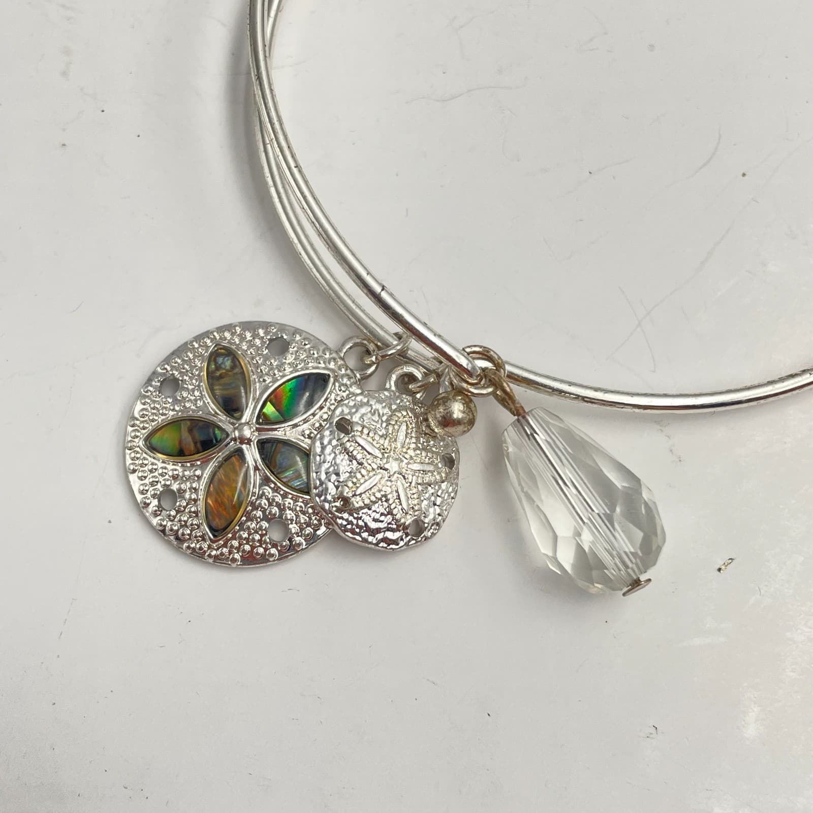 Vintage 90s Silver Tone Sand Dollar Bangle Bracelet Glass Charm Inlay Beach Boho - Thumbnail 3