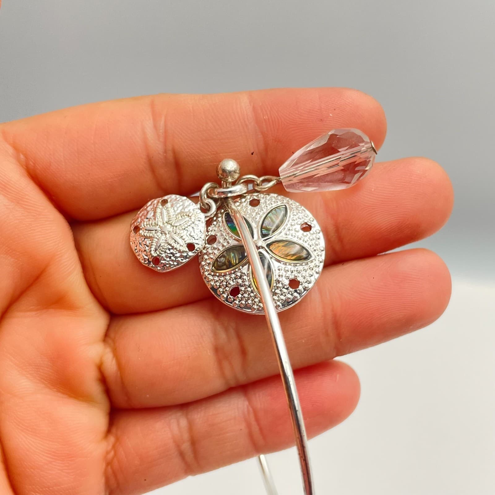 Vintage 90s Silver Tone Sand Dollar Bangle Bracelet Glass Charm Inlay Beach Boho - Thumbnail 8