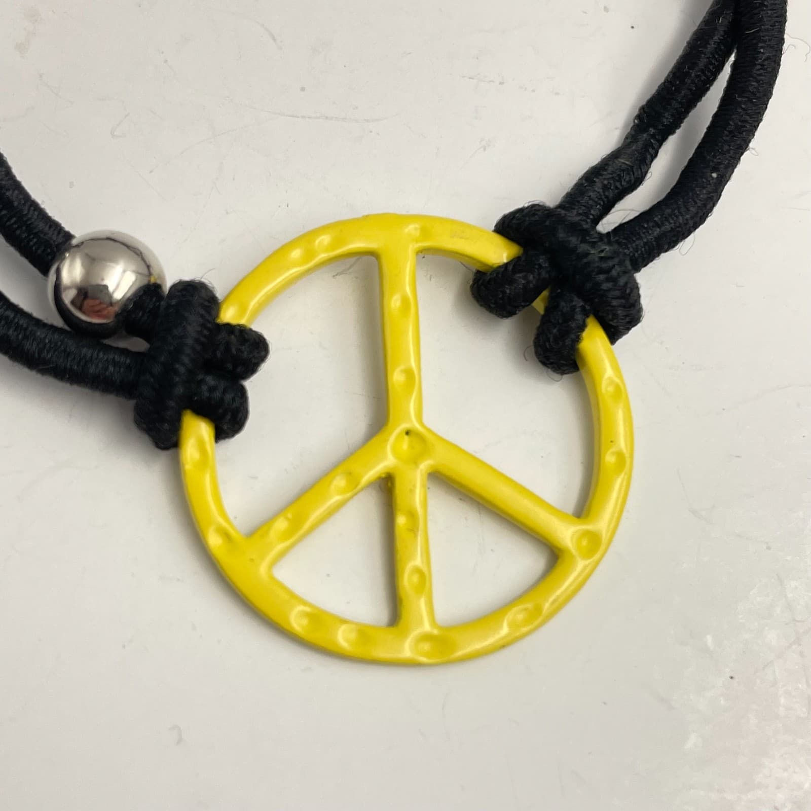 Vintage Y2K Silver Tone Beaded Yellow Charm Peace Sign Bracelet Black Cord - Thumbnail 3