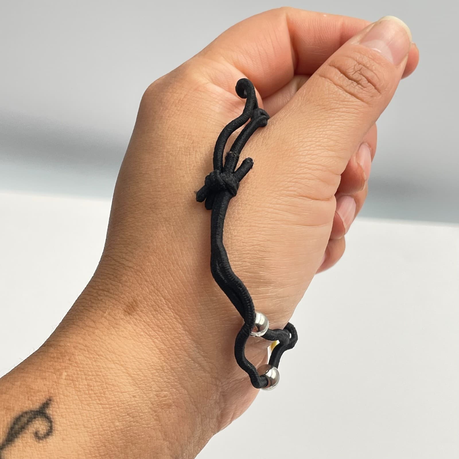 Vintage Y2K Silver Tone Beaded Yellow Charm Peace Sign Bracelet Black Cord - Thumbnail 6