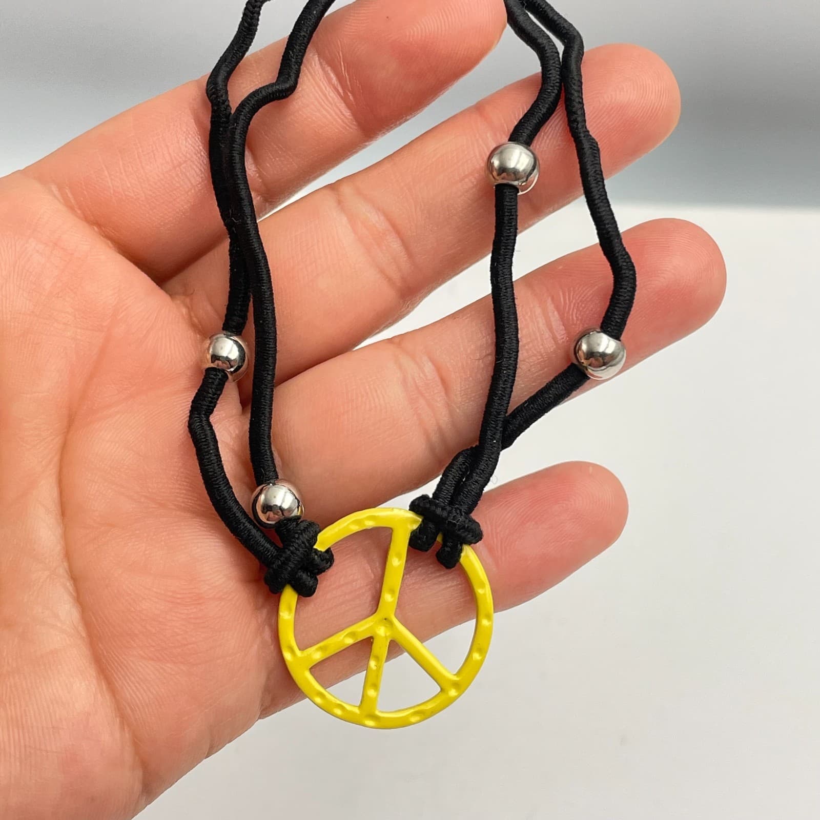 Vintage Y2K Silver Tone Beaded Yellow Charm Peace Sign Bracelet Black Cord - Thumbnail 4
