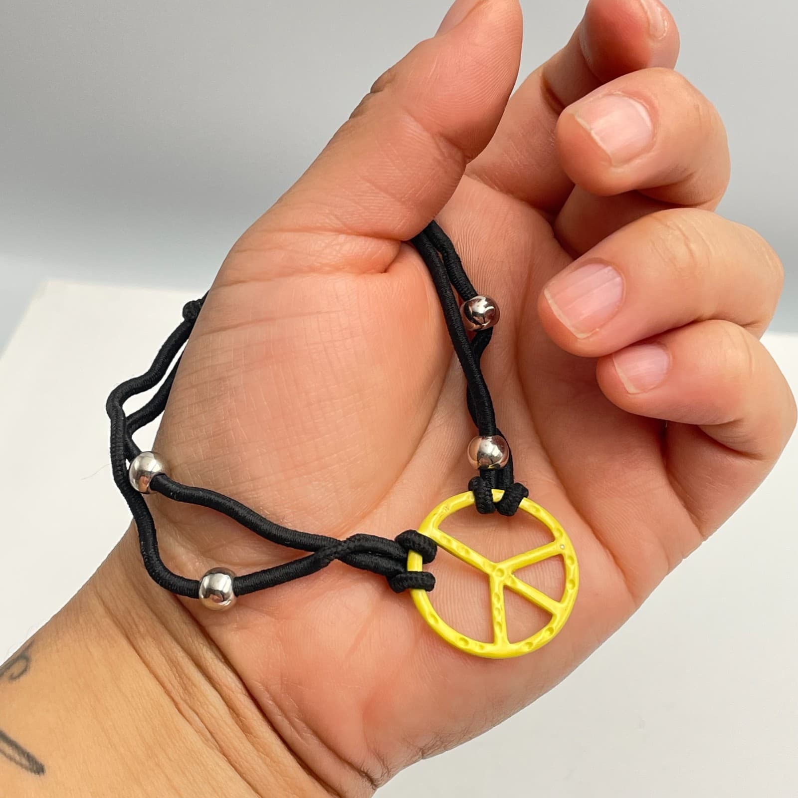 Vintage Y2K Silver Tone Beaded Yellow Charm Peace Sign Bracelet Black Cord - Thumbnail 5