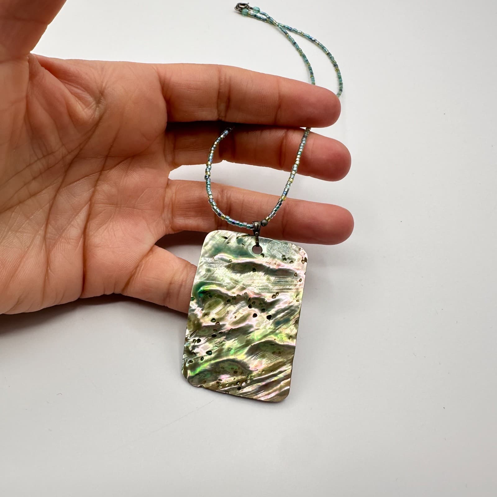 Vintage Y2K Silver Tone Abalone Shell Beaded Pendant Necklace Women's Jewelry - Thumbnail 7