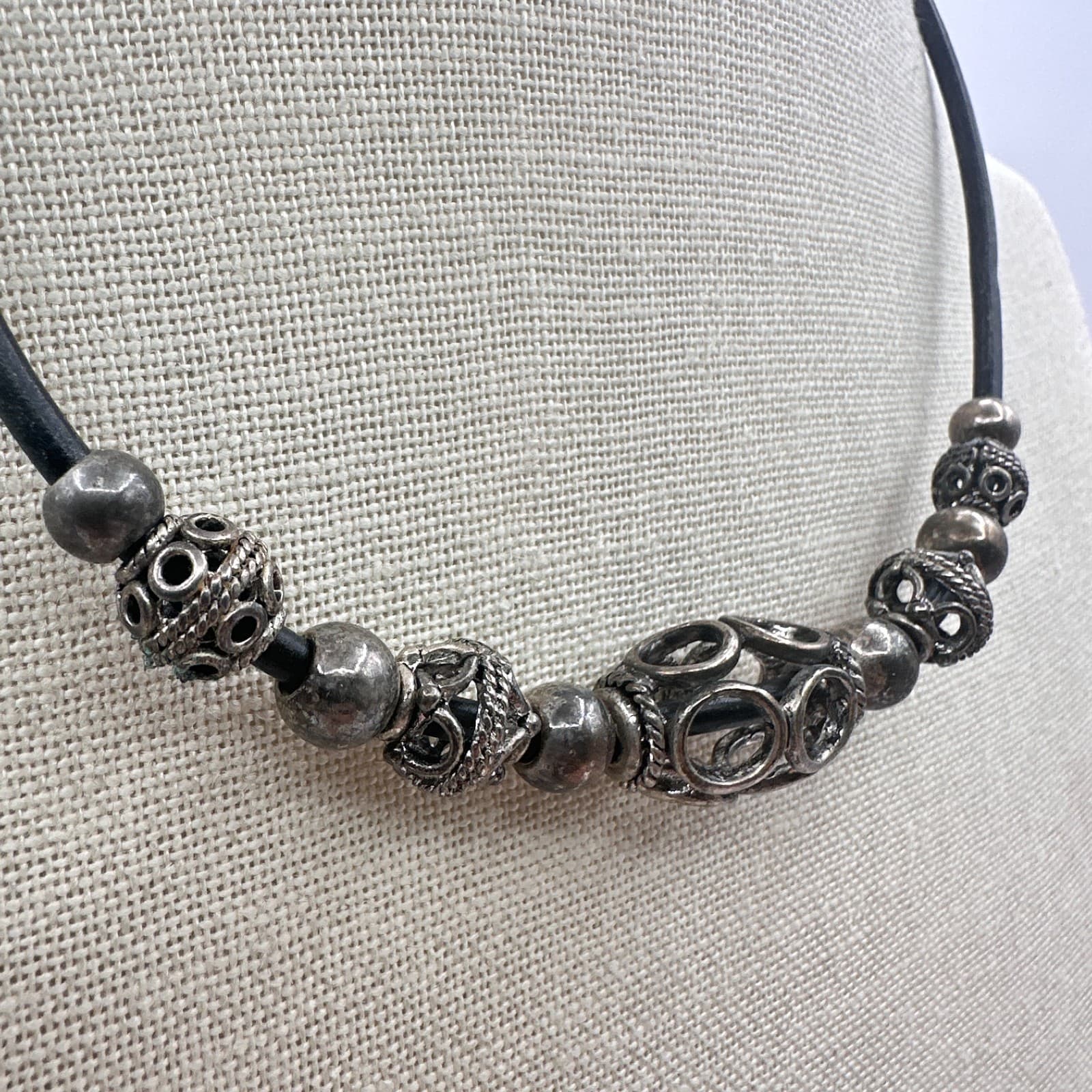 Vintage 90s Silver Tone Filigree Bead Black Cord Choker Necklace Boho Jewelry - Thumbnail 3