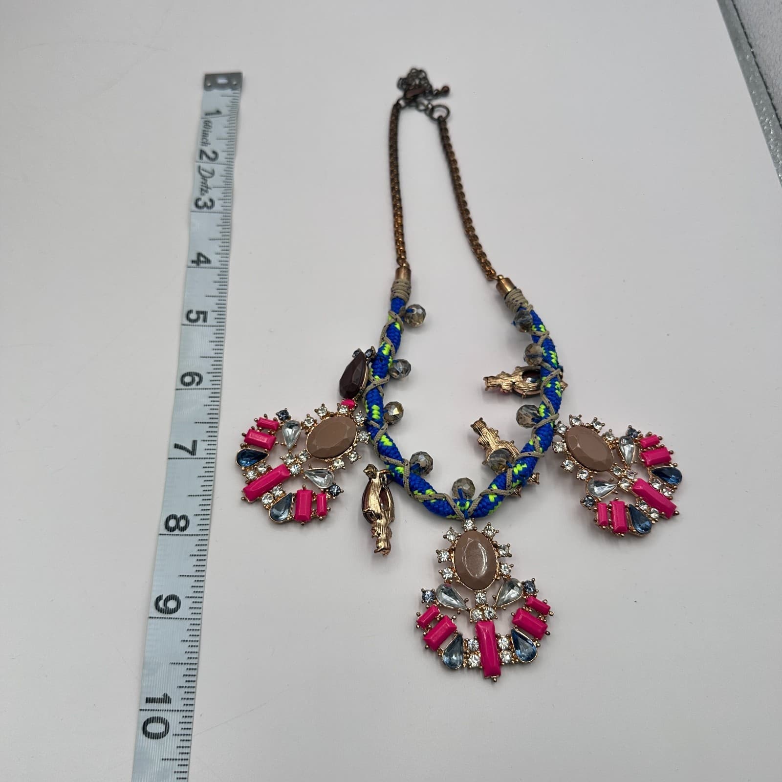 Vintage 80s Women Glass Bib Statement Necklace Blue Rope Cord Multi Color Gold - Thumbnail 7