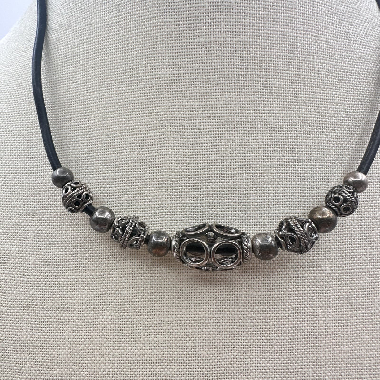Vintage 90s Silver Tone Filigree Bead Black Cord Choker Necklace Boho Jewelry - Thumbnail 2