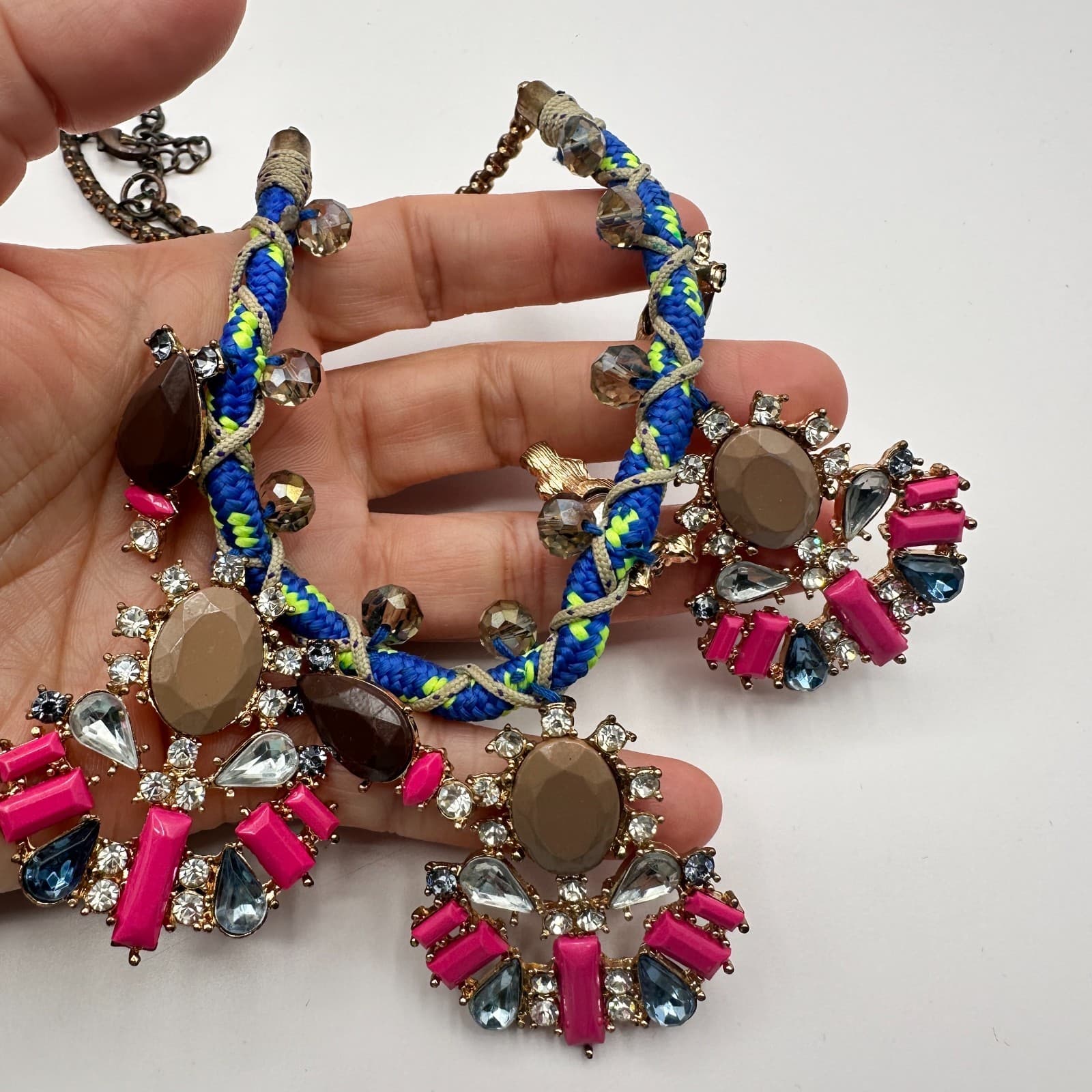 Vintage 80s Women Glass Bib Statement Necklace Blue Rope Cord Multi Color Gold - Thumbnail 6