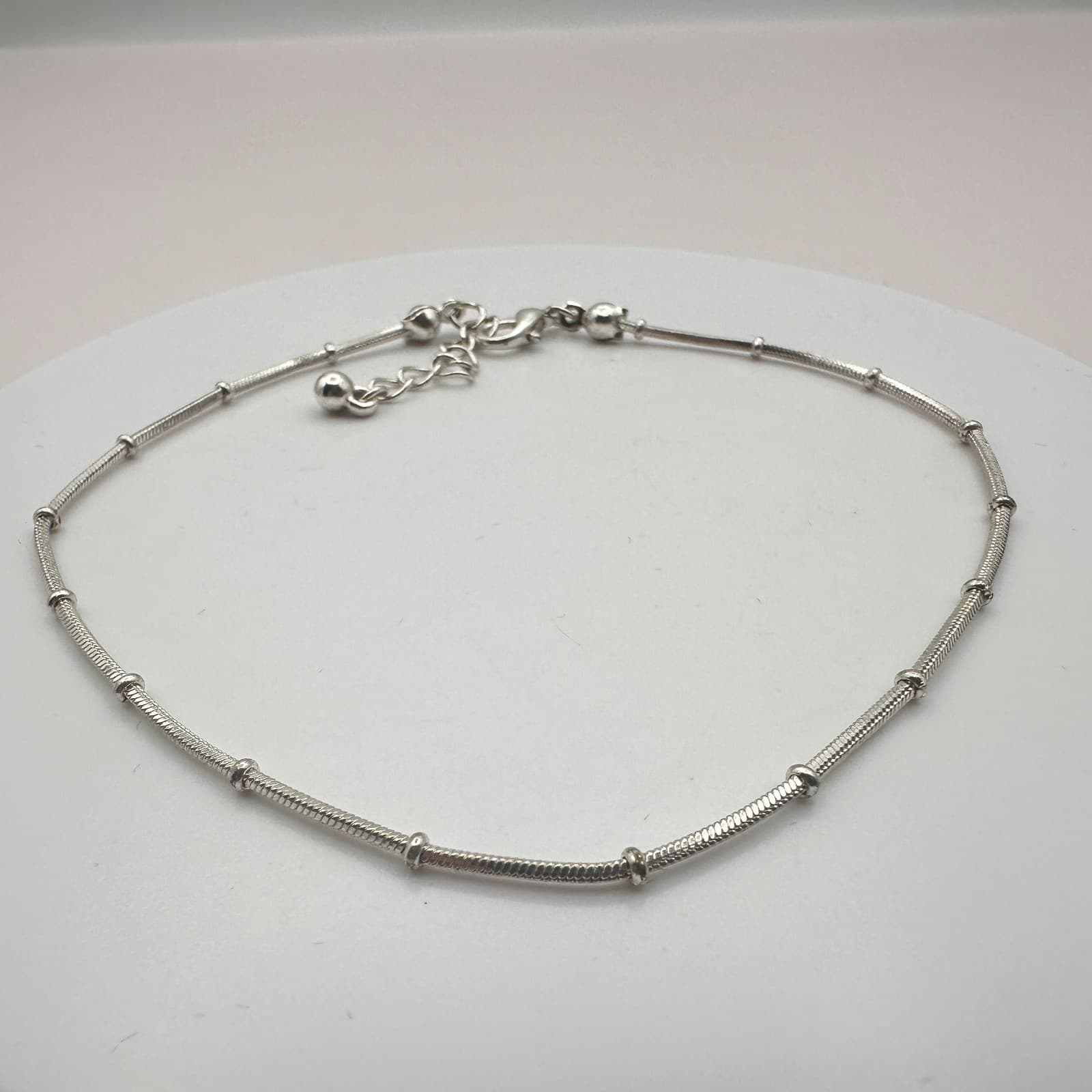 Vintage 90s Silver Tone Station Snake Chain Anklet Bracelet Boho Minimalist - Thumbnail 3