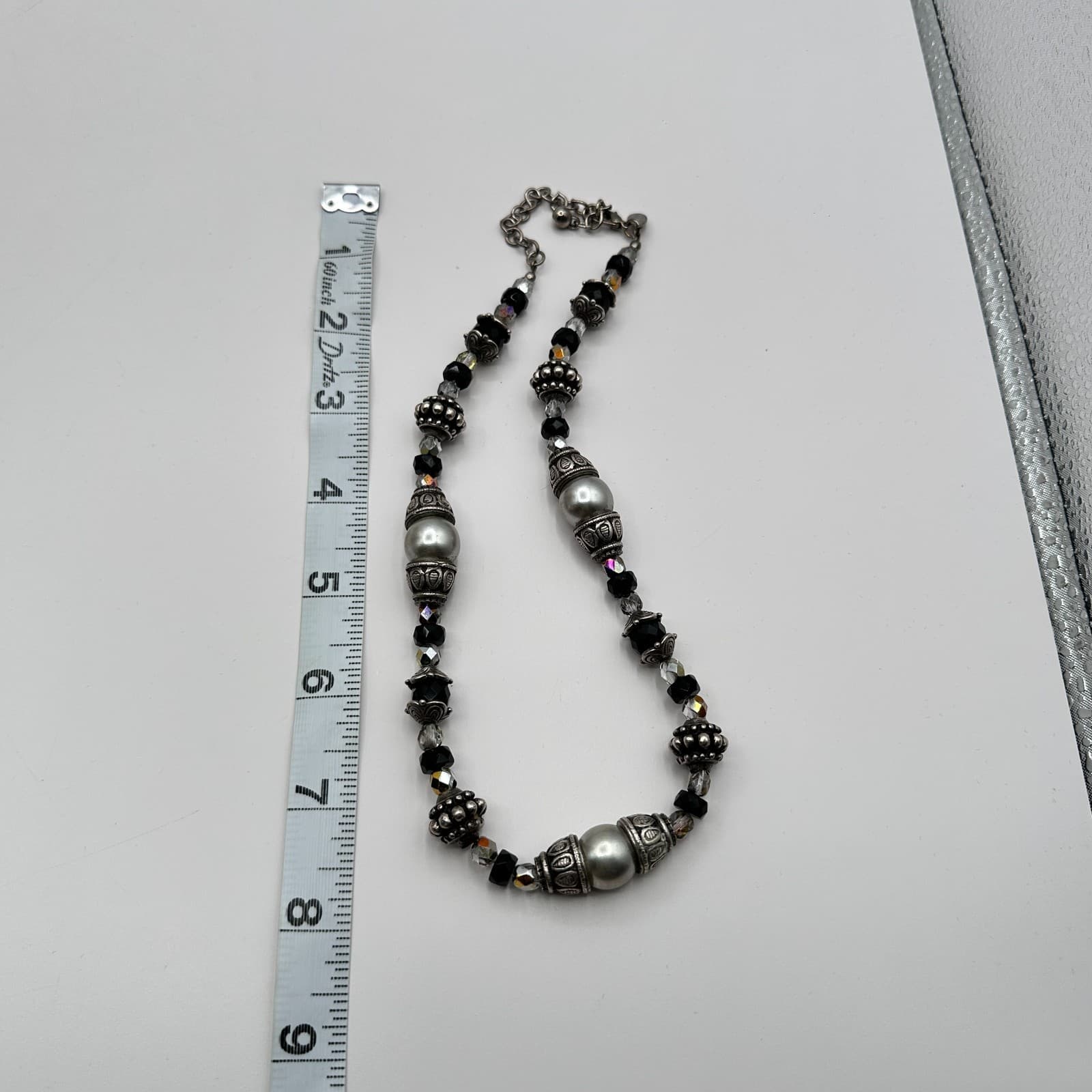 VTG Y2K Silver Tone Faux Pearl Black Beaded Necklace Statement Women's Jewelry - Thumbnail 7