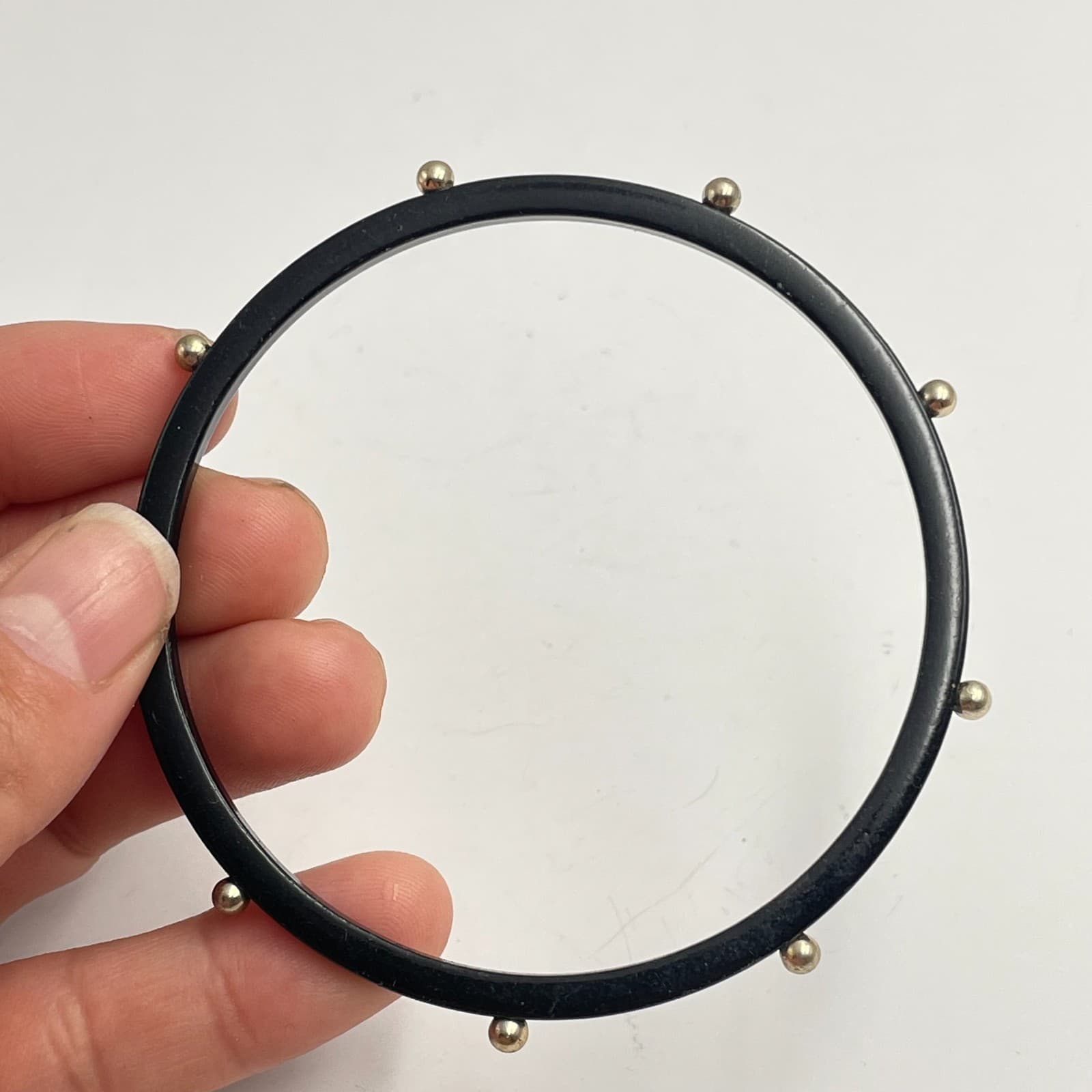 Vintage 90s Black Bangle Bracelet Gold Tone Studded Bead Accents Minimalist - Thumbnail 4