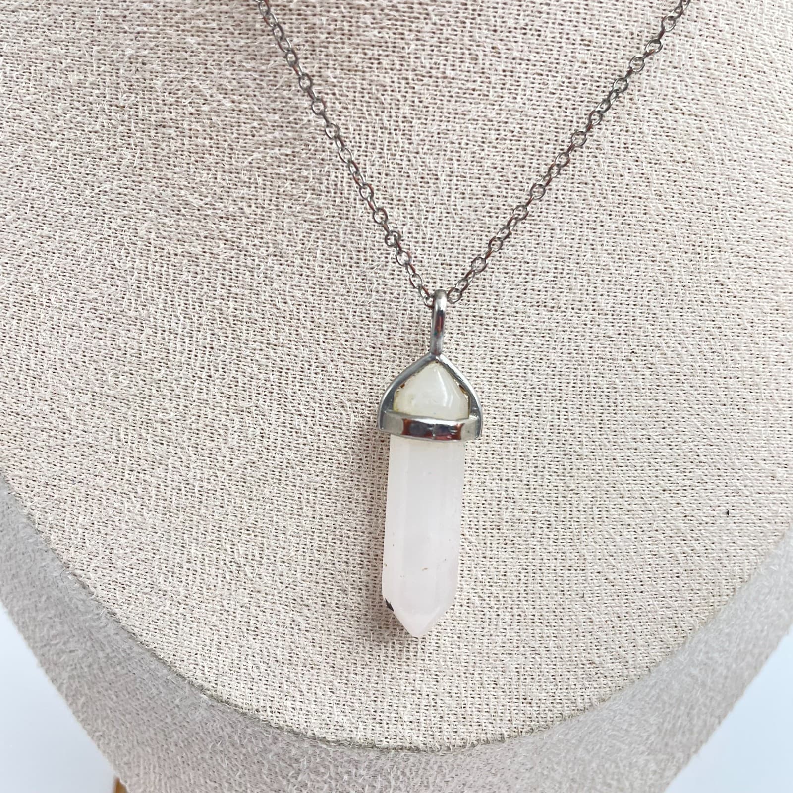 Vintage Y2K Silver Tone Rose Quartz Hexagon Point Pendant Necklace Boho Jewelry - Thumbnail 3