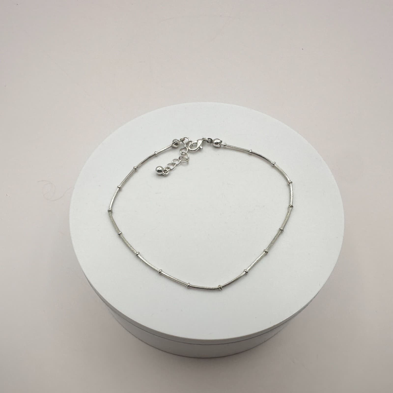 Vintage 90s Silver Tone Station Snake Chain Anklet Bracelet Boho Minimalist - Thumbnail 5