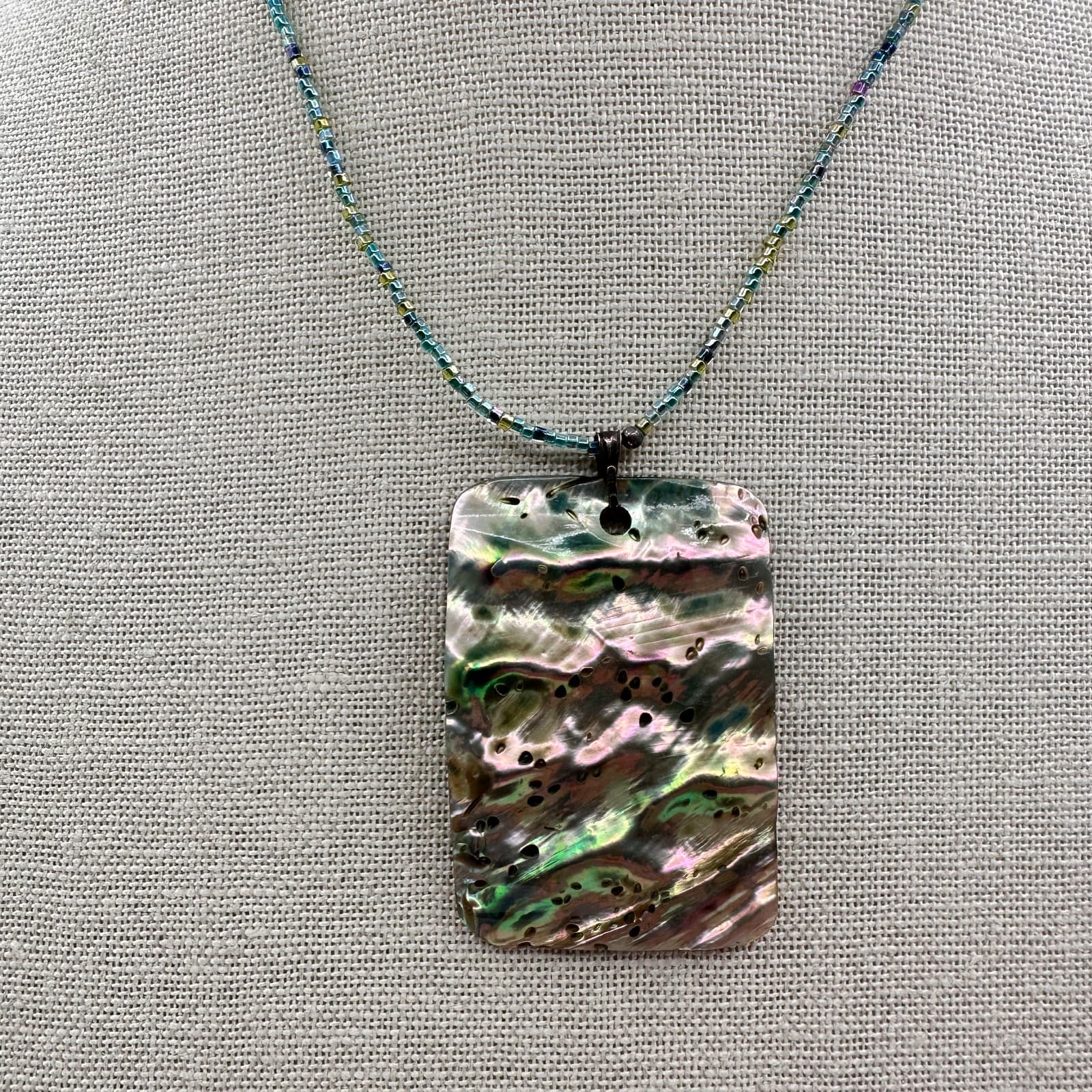 Vintage Y2K Silver Tone Abalone Shell Beaded Pendant Necklace Women's Jewelry - Thumbnail 3