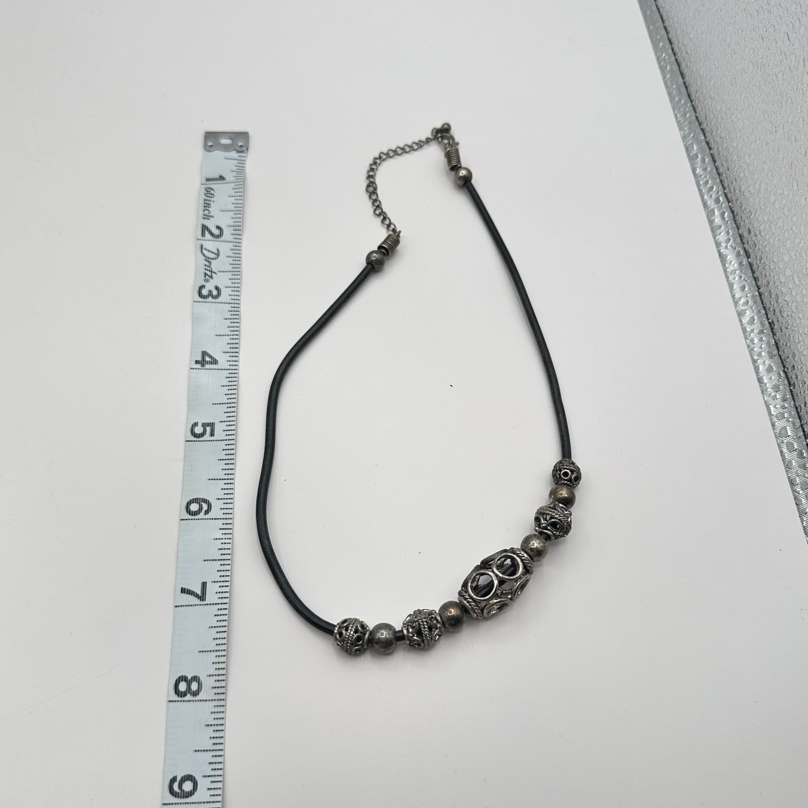Vintage 90s Silver Tone Filigree Bead Black Cord Choker Necklace Boho Jewelry - Thumbnail 7