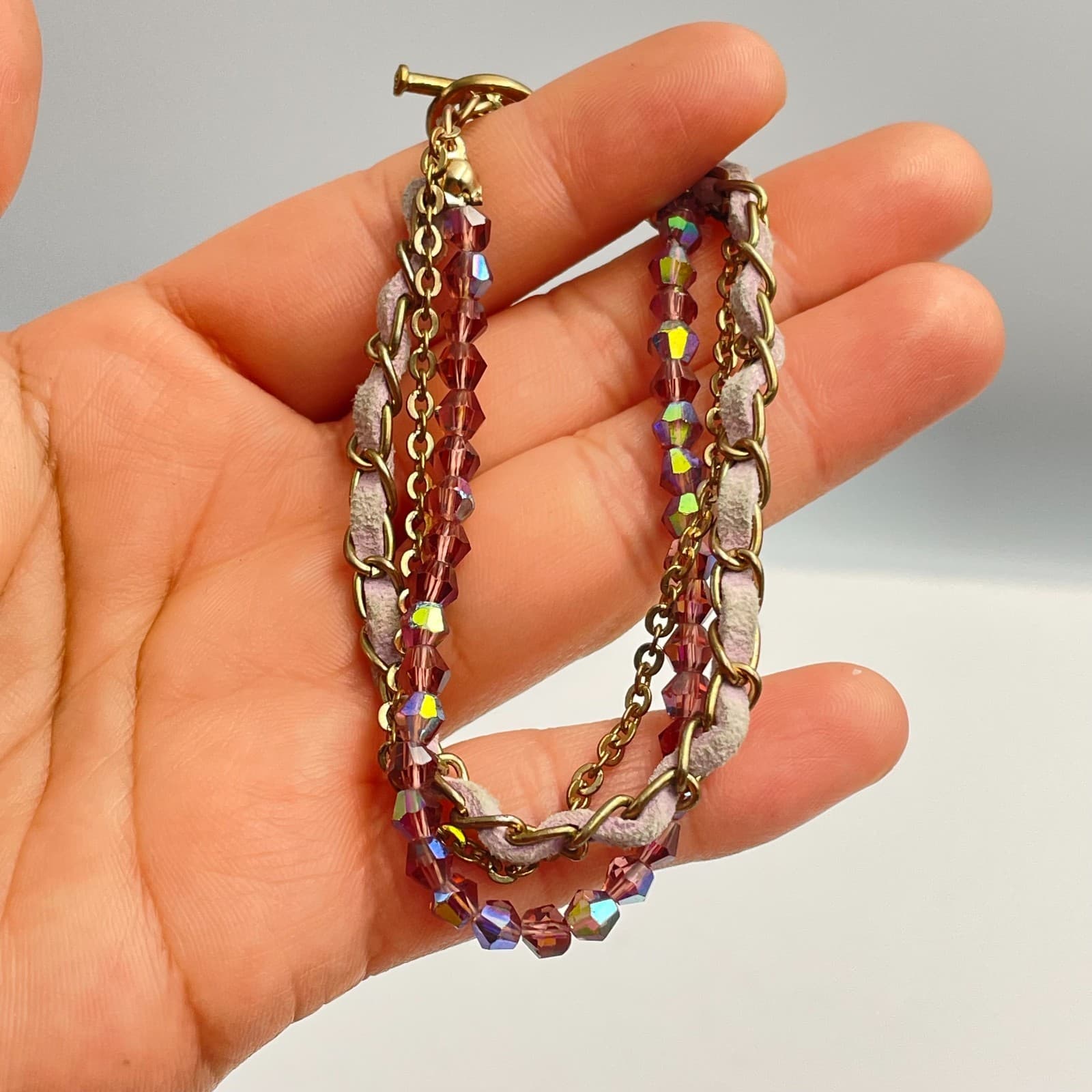 Vintage Y2K Gold Tone Chain Multi-Strand Bracelet Aurora Borealis Beaded Jewelry - Thumbnail 8