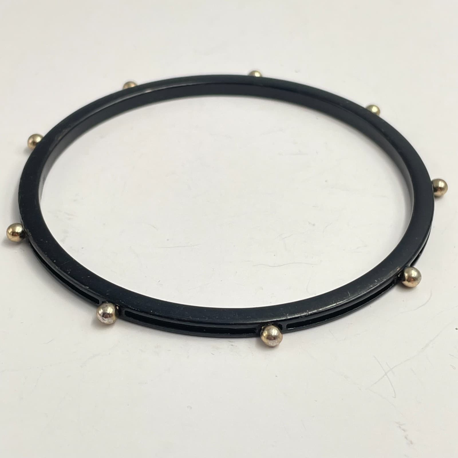 Vintage 90s Black Bangle Bracelet Gold Tone Studded Bead Accents Minimalist - Thumbnail 2