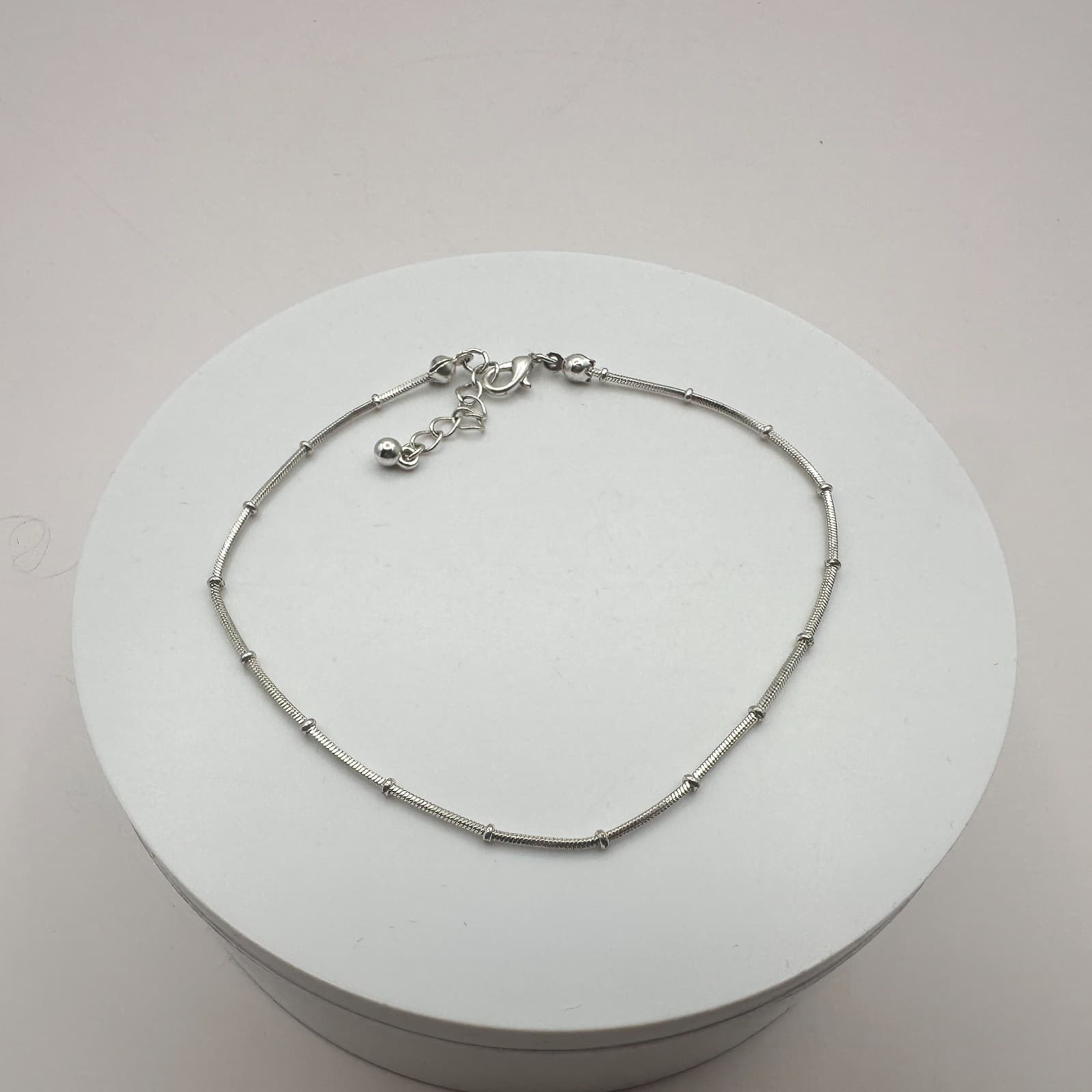 Vintage 90s Silver Tone Station Snake Chain Anklet Bracelet Boho Minimalist - Thumbnail 2
