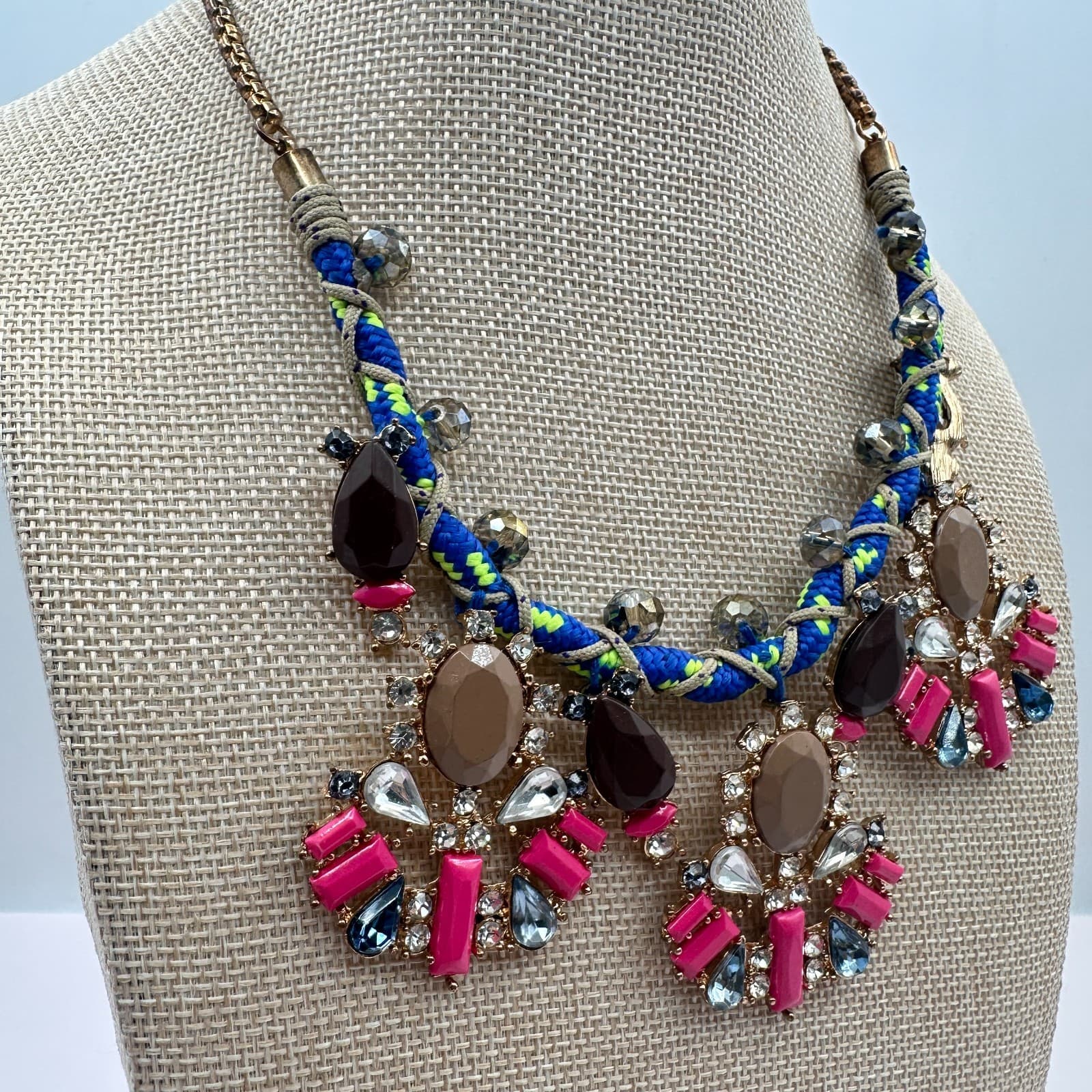 Vintage 80s Women Glass Bib Statement Necklace Blue Rope Cord Multi Color Gold - Thumbnail 4