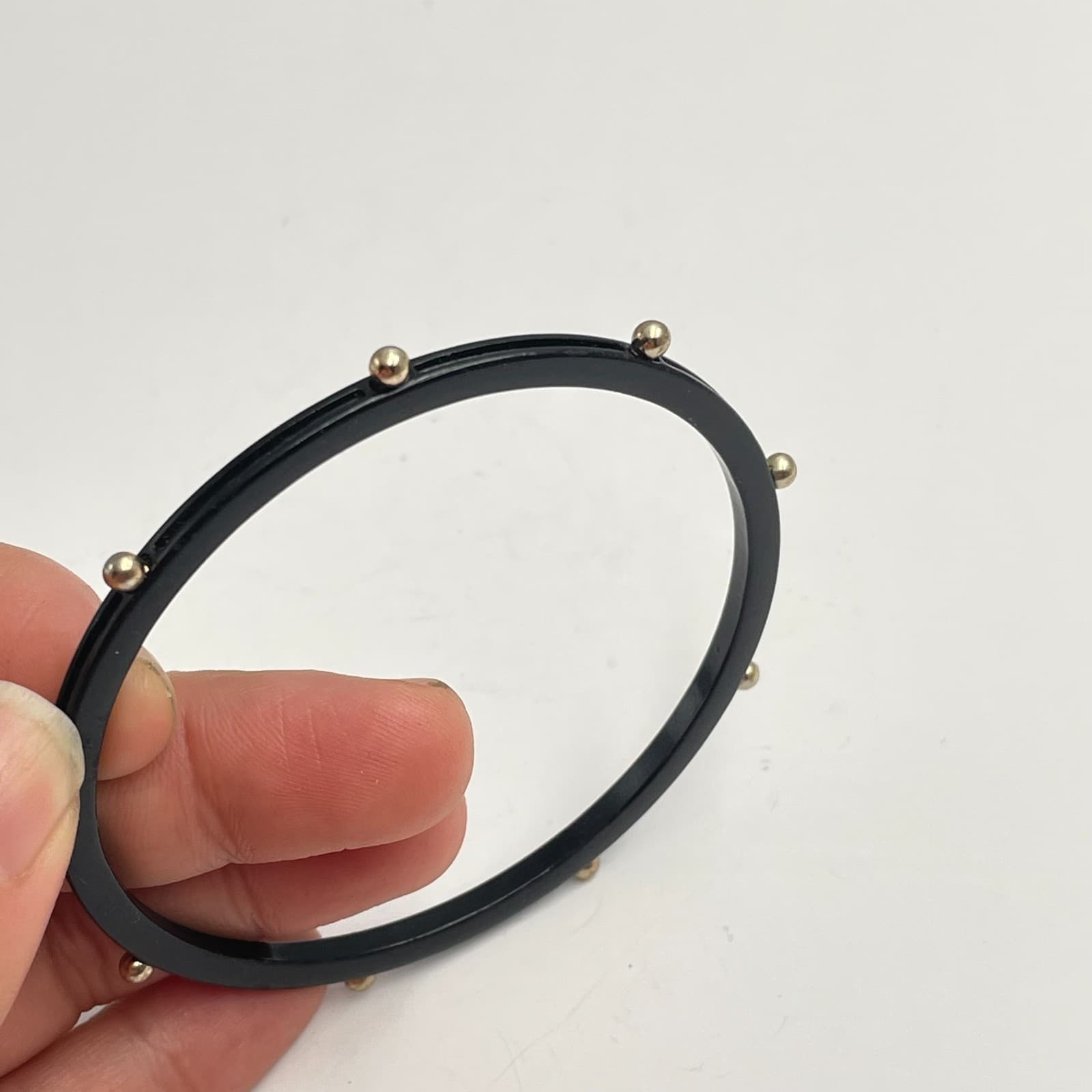 Vintage 90s Black Bangle Bracelet Gold Tone Studded Bead Accents Minimalist - Thumbnail 3