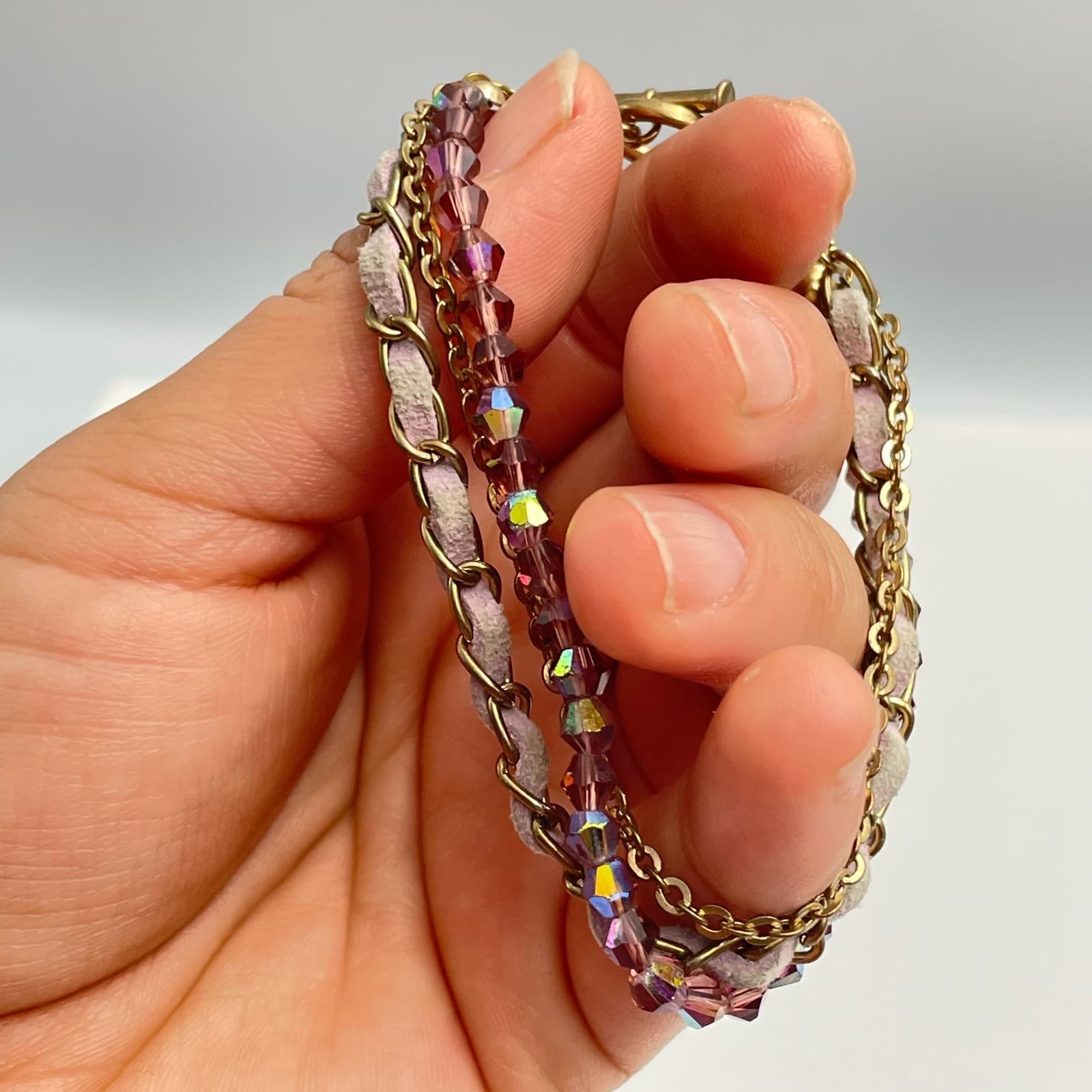 Vintage Y2K Gold Tone Chain Multi-Strand Bracelet Aurora Borealis Beaded Jewelry - Thumbnail 5