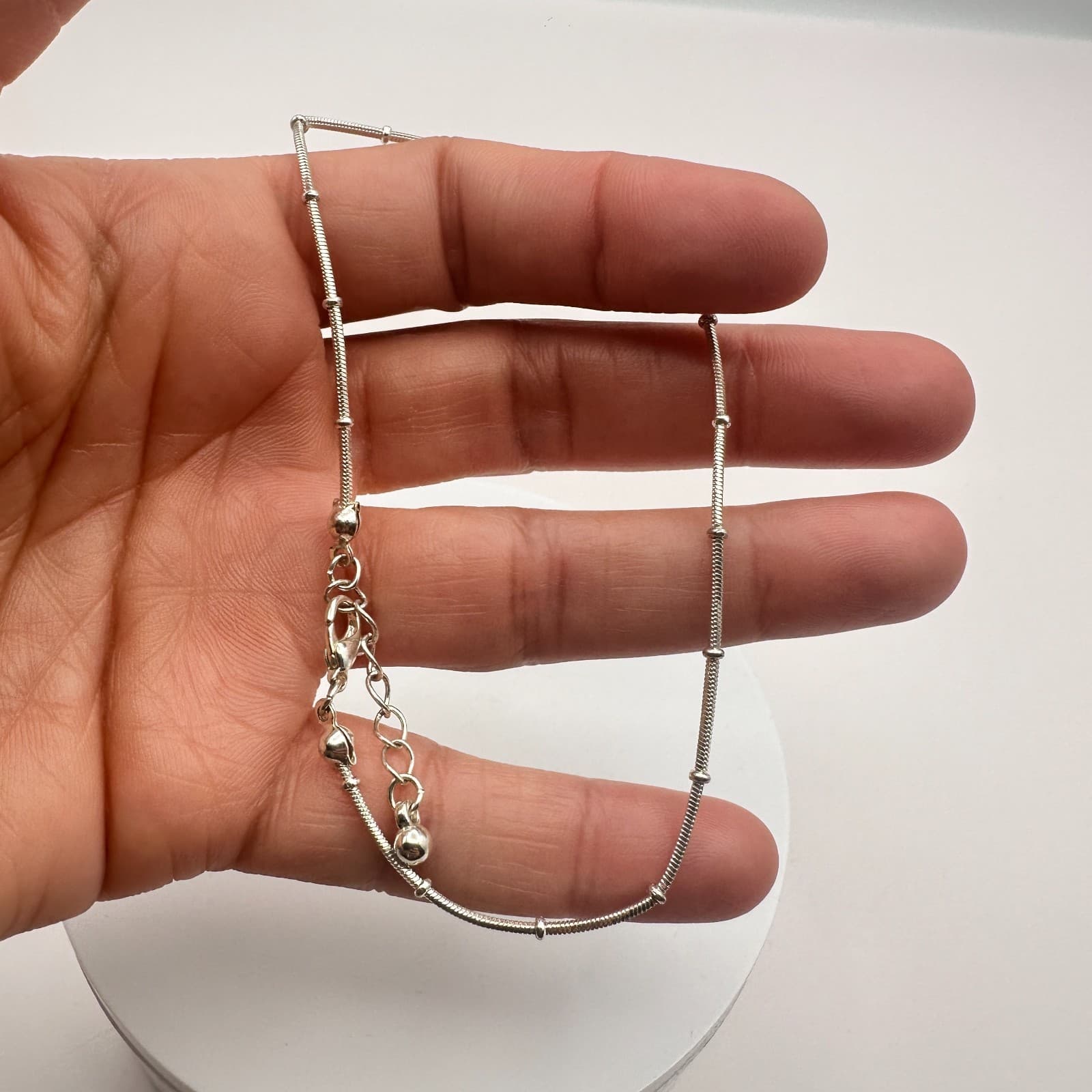 Vintage 90s Silver Tone Station Snake Chain Anklet Bracelet Boho Minimalist - Thumbnail 6