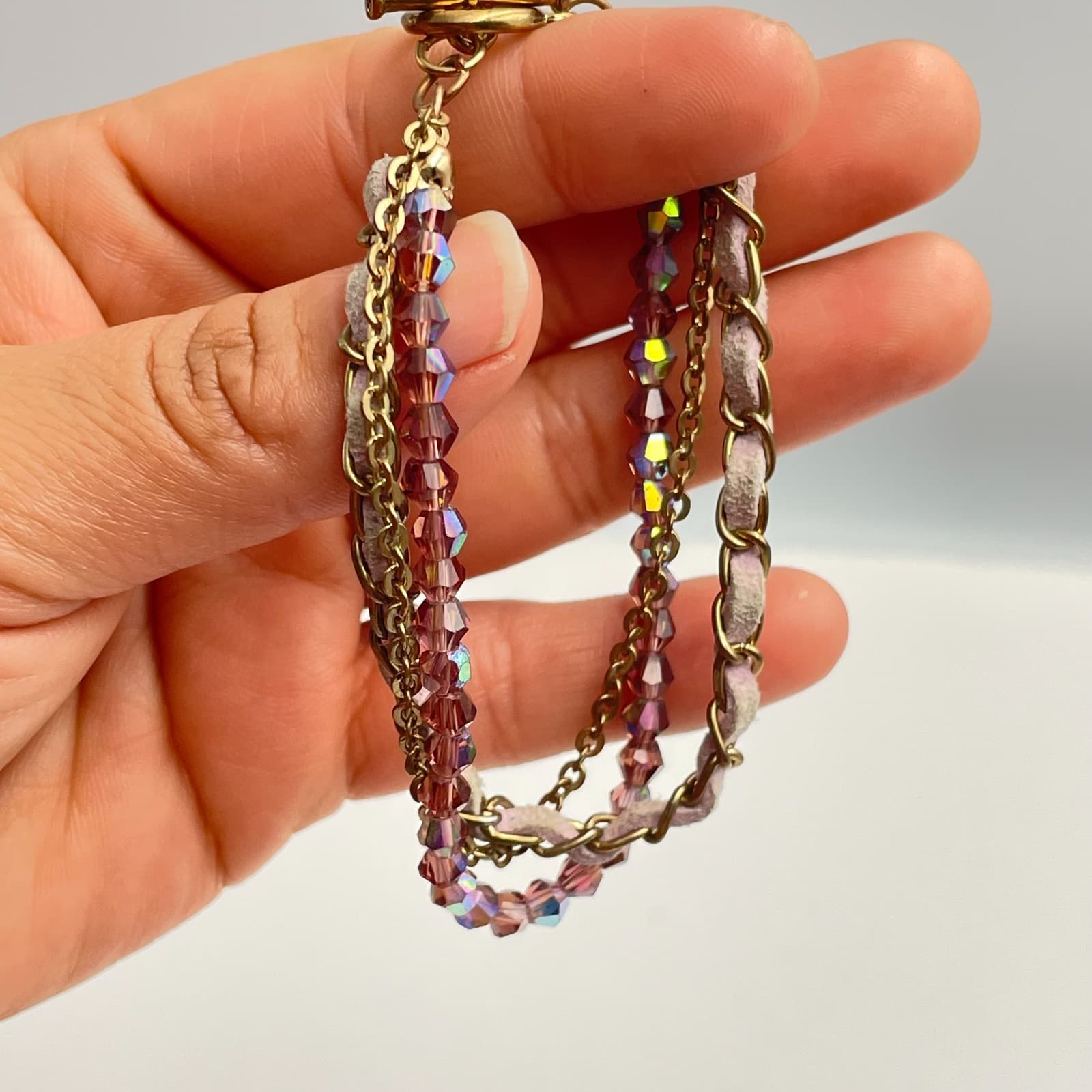 Vintage Y2K Gold Tone Chain Multi-Strand Bracelet Aurora Borealis Beaded Jewelry - Thumbnail 7