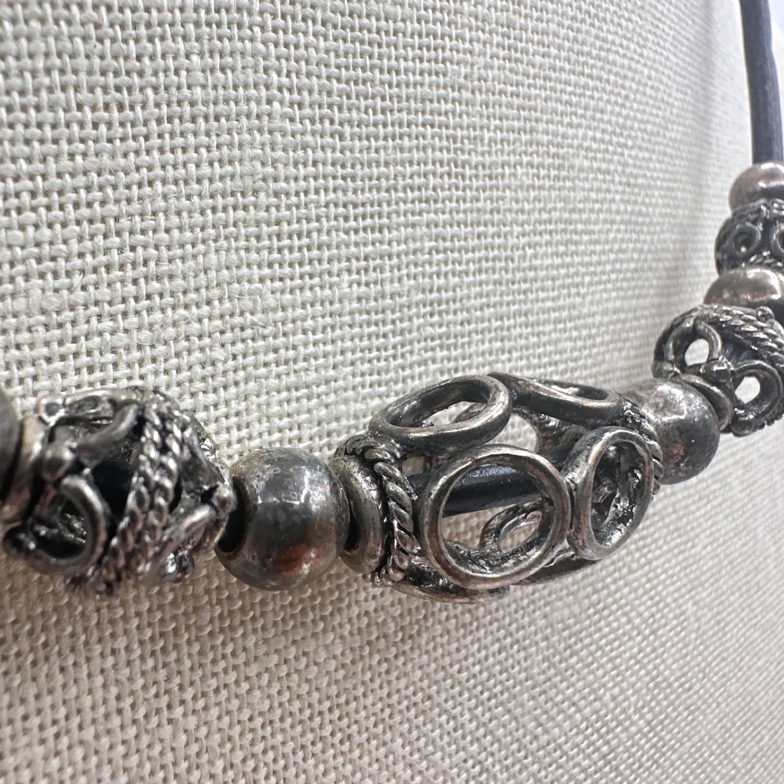 Vintage 90s Silver Tone Filigree Bead Black Cord Choker Necklace Boho Jewelry - Thumbnail 4