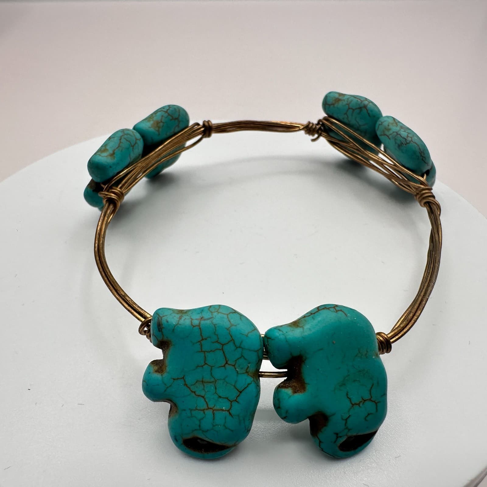 Vintage 80s Women Bracelet Bangle Bronze Tone Blue Turquoise Elephant Jewelry - Thumbnail 3