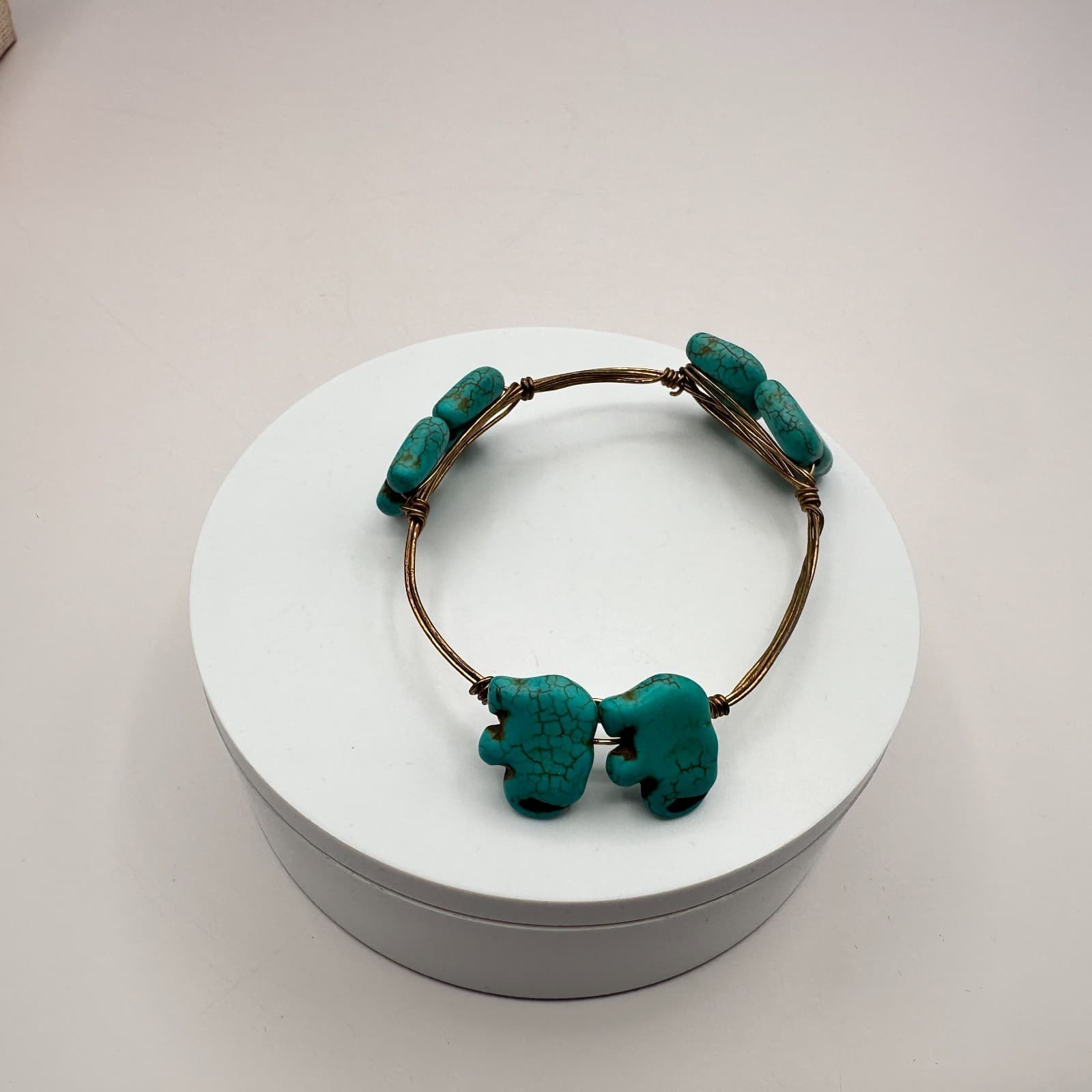 Vintage 80s Women Bracelet Bangle Bronze Tone Blue Turquoise Elephant Jewelry - Thumbnail 4