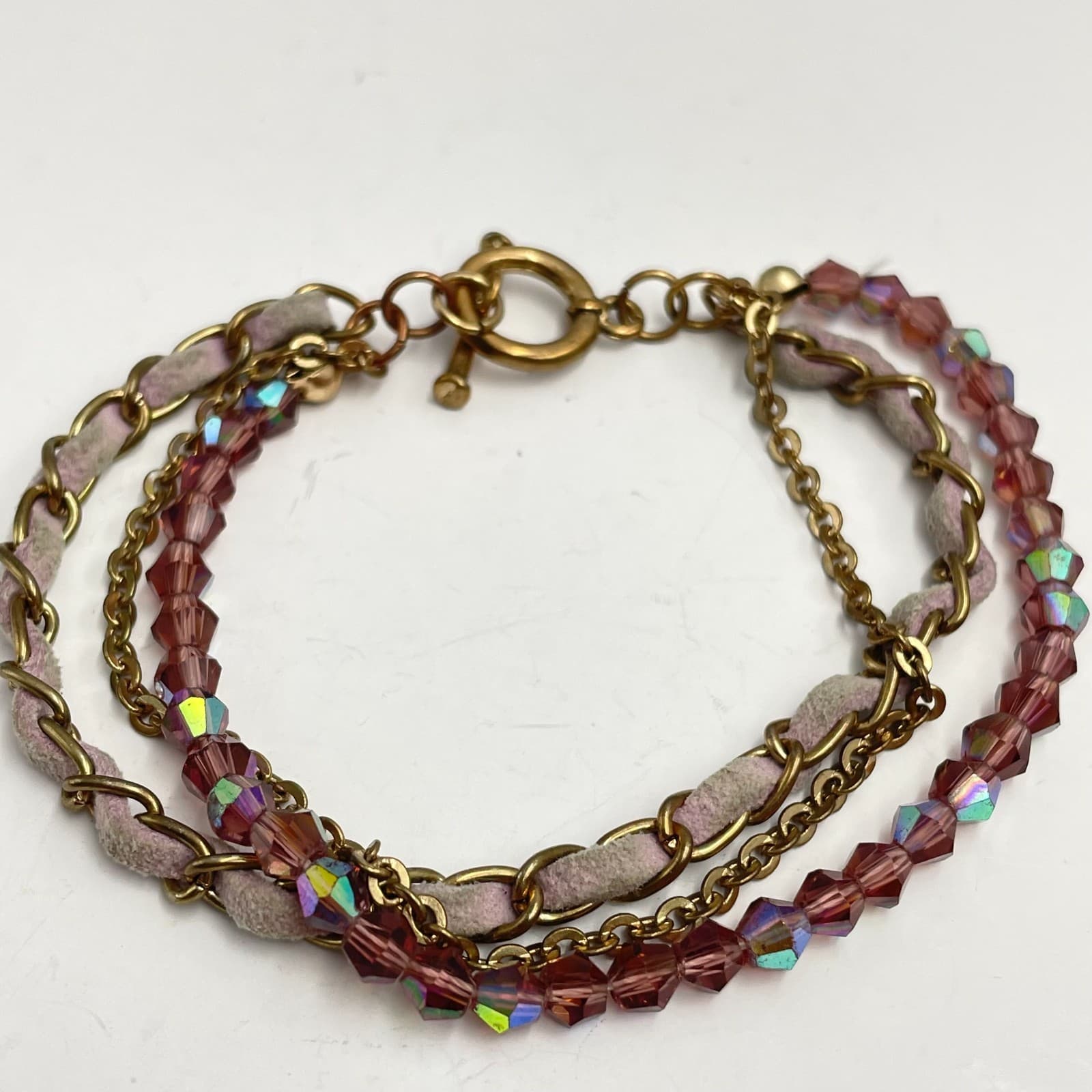 Vintage Y2K Gold Tone Chain Multi-Strand Bracelet Aurora Borealis Beaded Jewelry - Thumbnail 2