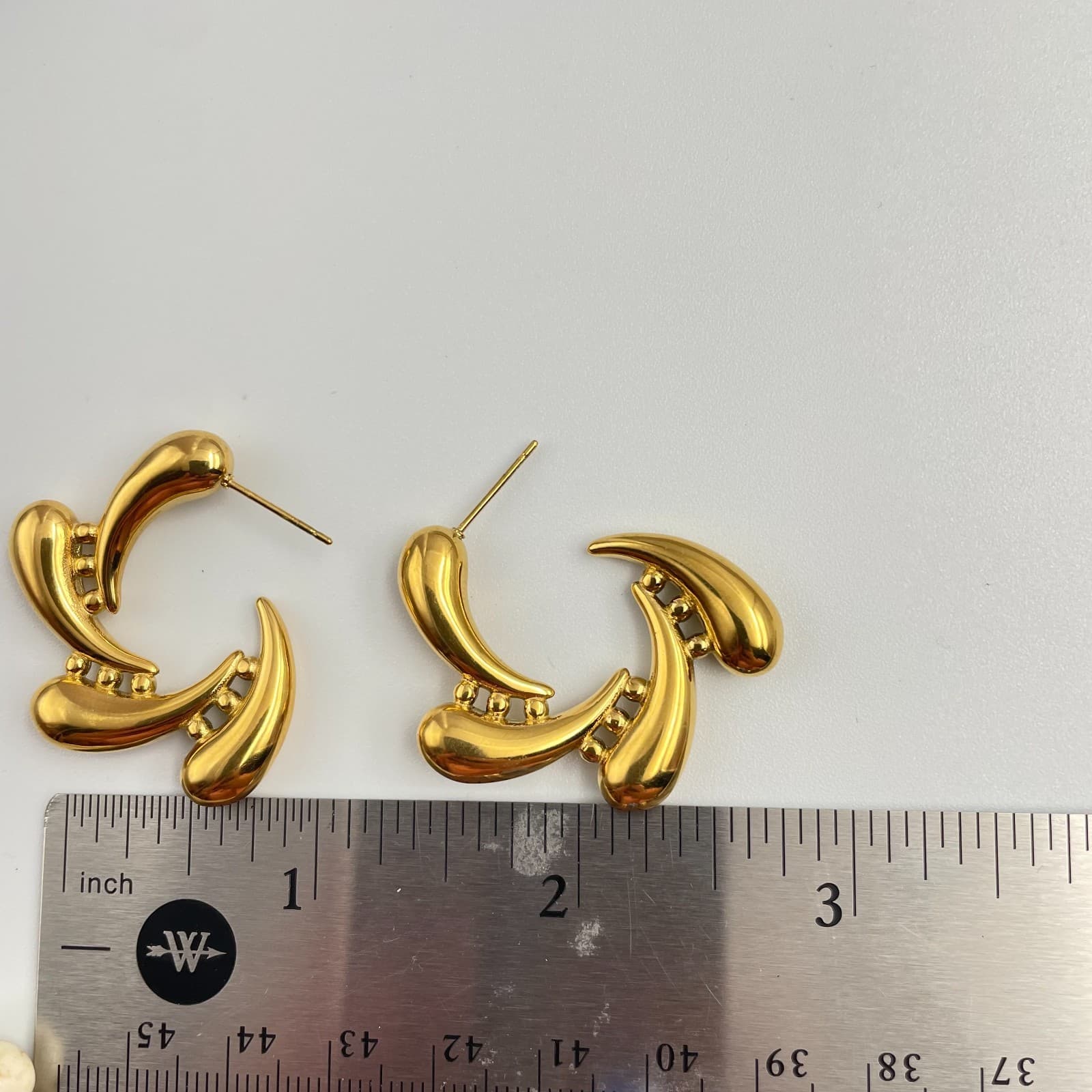 Vintage 90s Gold Tone Triple Water Droplets Stud Earring Modern Women's Jewelry - Thumbnail 7