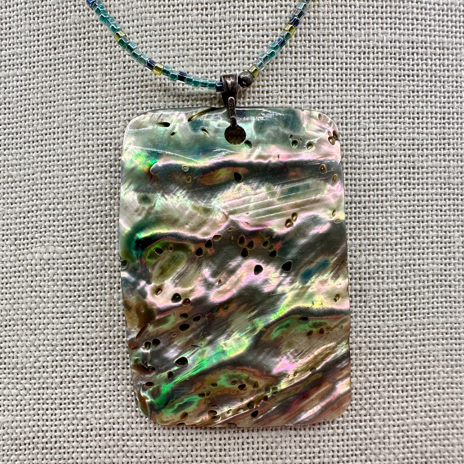 Vintage Y2K Silver Tone Abalone Shell Beaded Pendant Necklace Women's Jewelry - Thumbnail 2