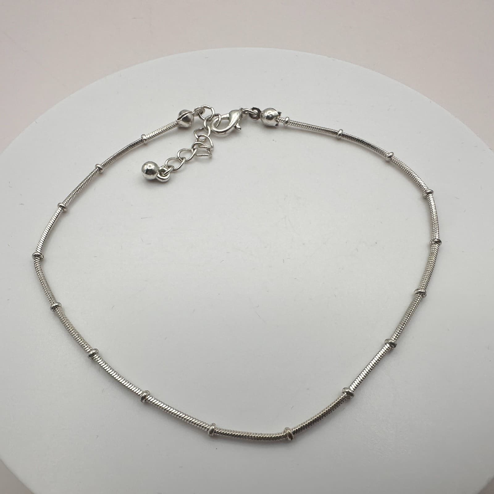 Vintage 90s Silver Tone Station Snake Chain Anklet Bracelet Boho Minimalist - Image 1