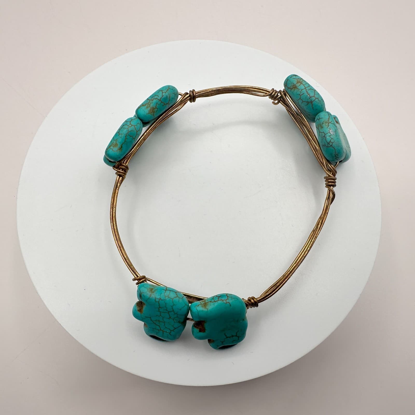 Vintage 80s Women Bracelet Bangle Bronze Tone Blue Turquoise Elephant Jewelry - Thumbnail 2