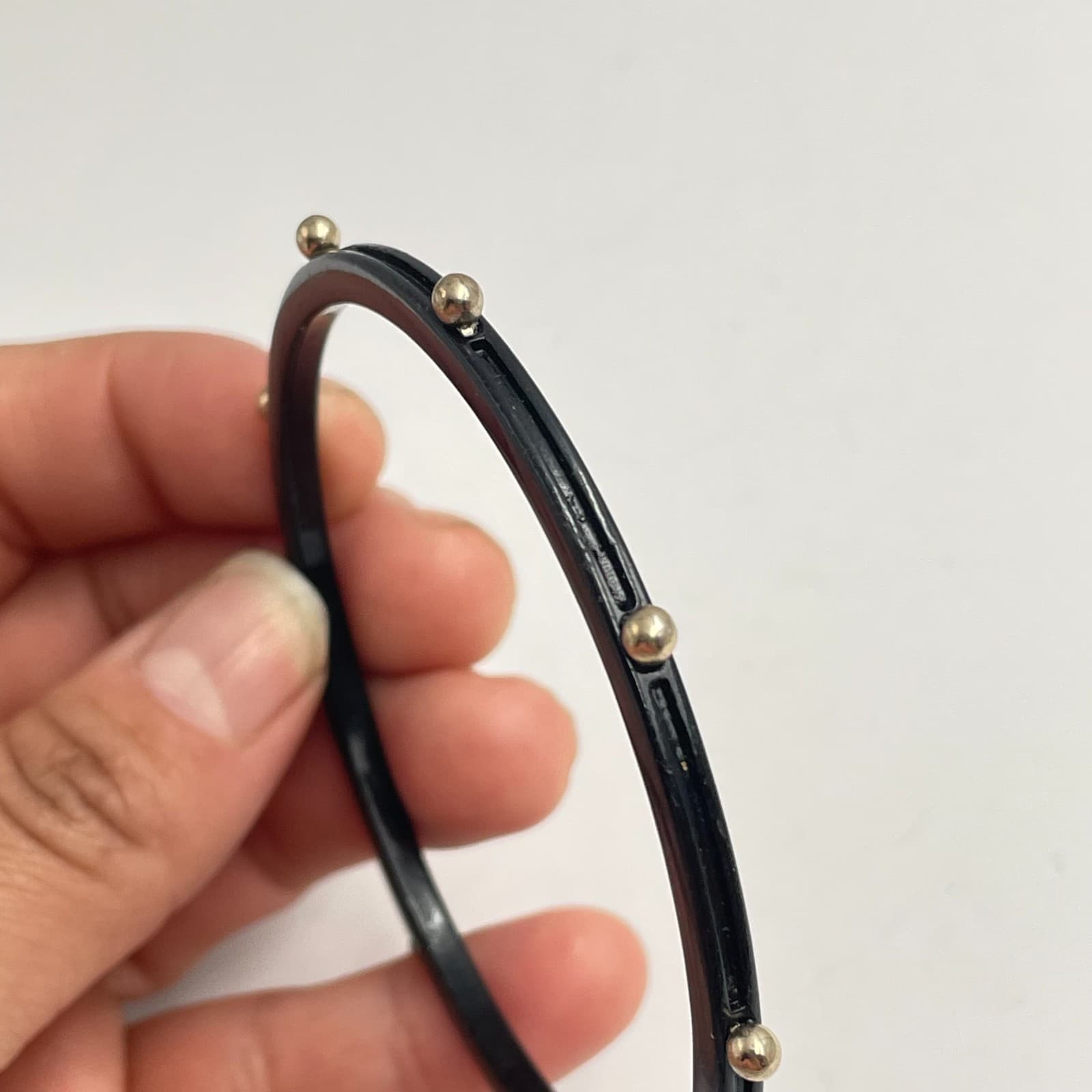Vintage 90s Black Bangle Bracelet Gold Tone Studded Bead Accents Minimalist - Thumbnail 5